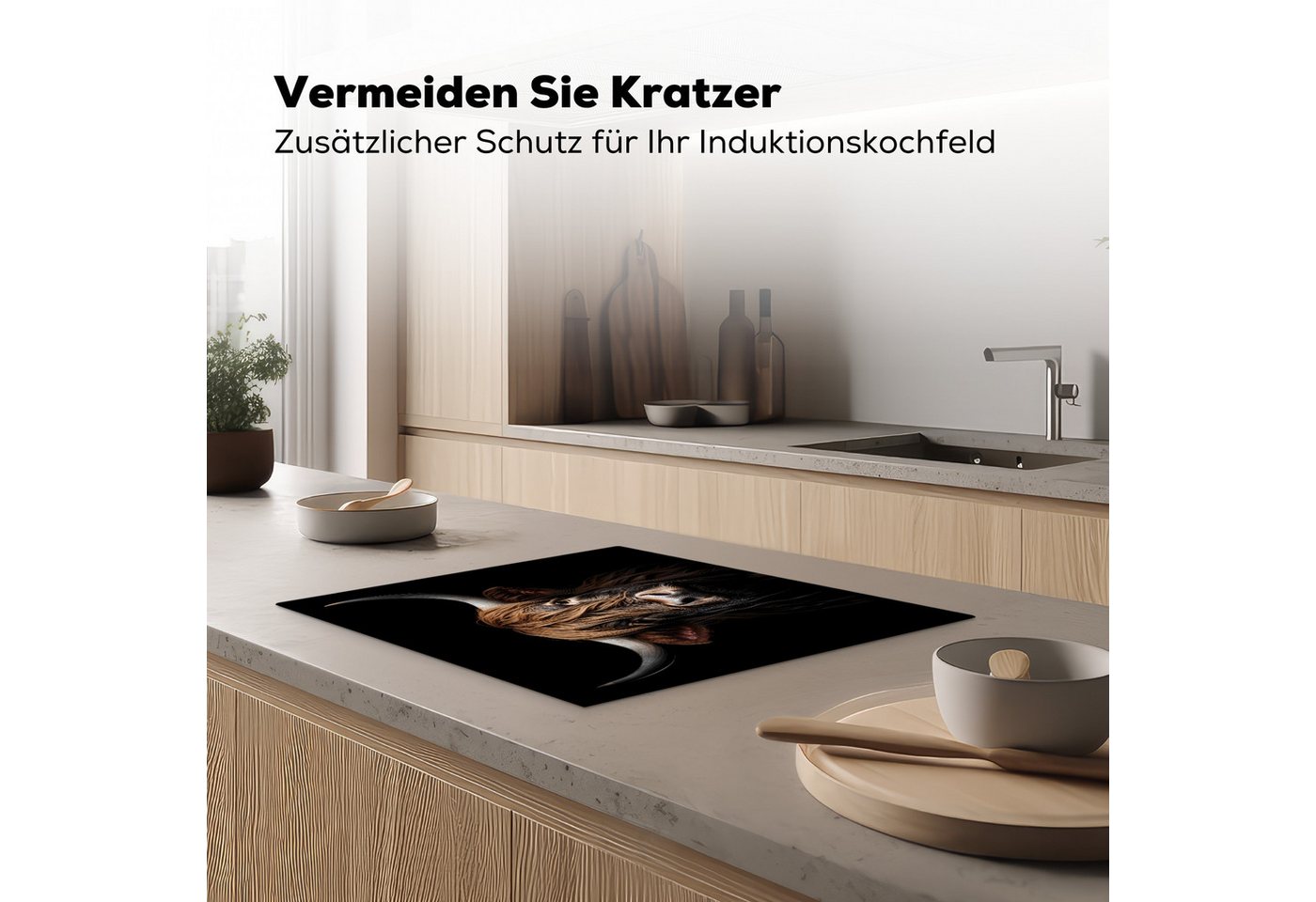 MuchoWow Herd-Abdeckplatte Schottischer Highlander - Porträt - Schwarz - Tier, Vinyl, (1 tlg), Herdabdeckplatten für Ceranfeld, Induktionsschutz, 65x55 cm