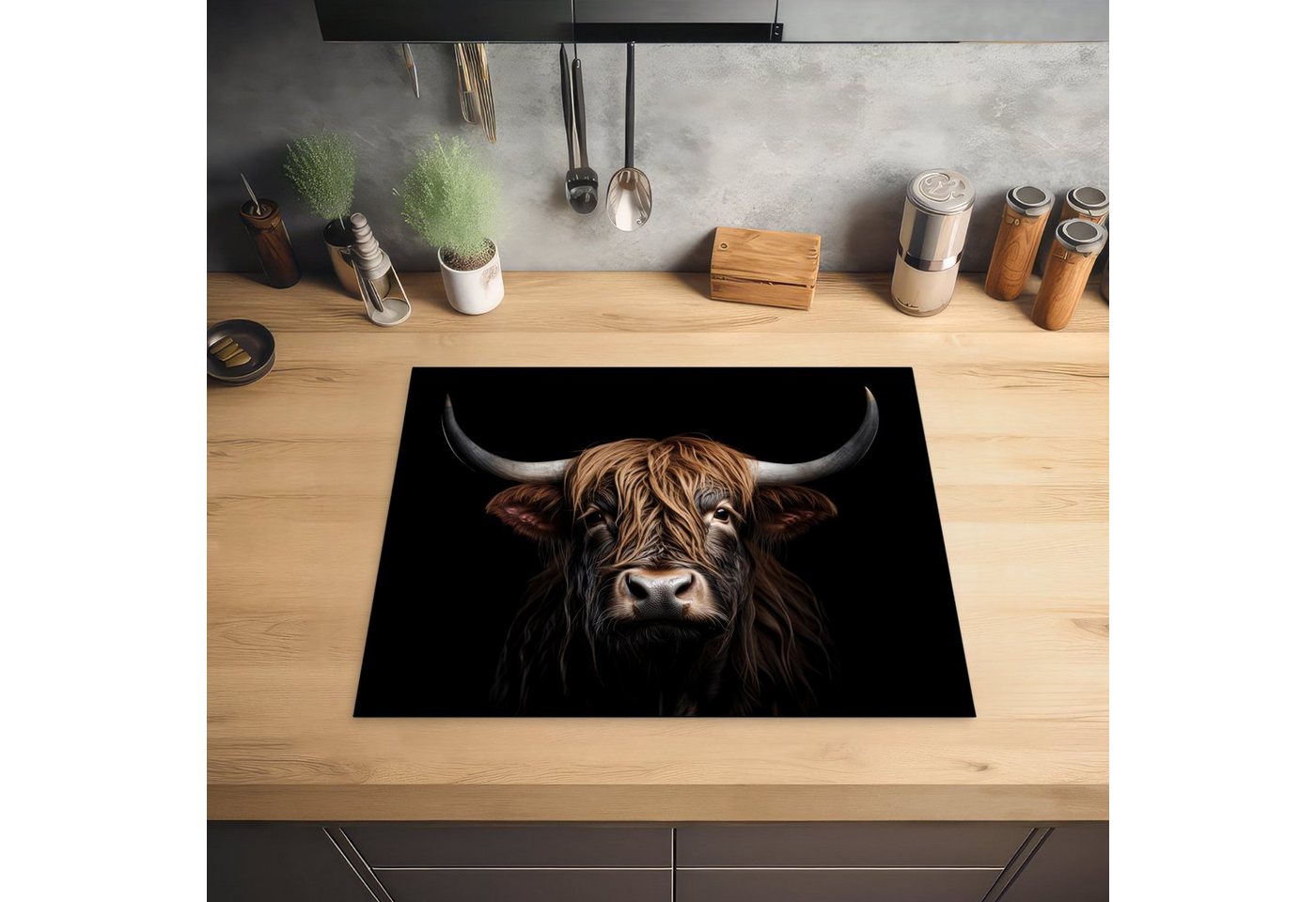 MuchoWow Herd-Abdeckplatte Schottischer Highlander - Porträt - Schwarz - Tier, Vinyl, (1 tlg), Herdabdeckplatten für Ceranfeld, Induktionsschutz, 65x55 cm Bild 3