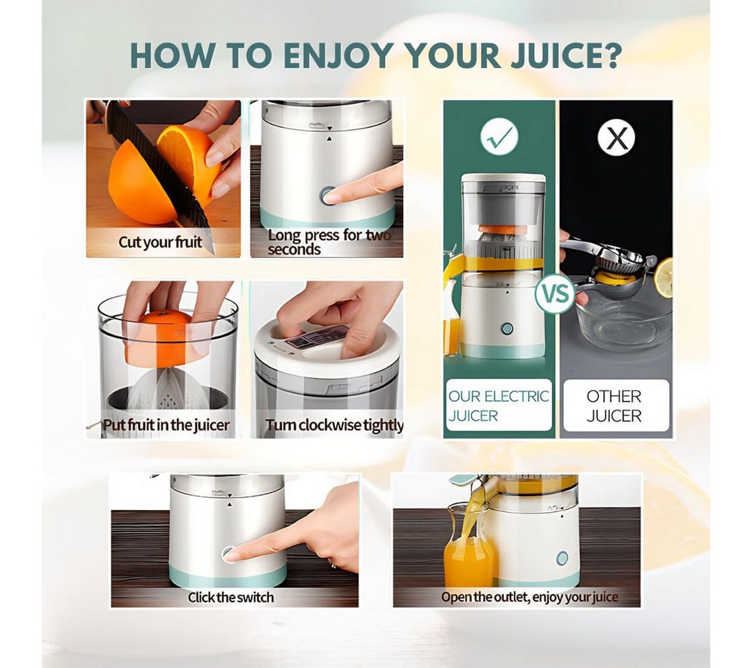 LIANNA Slow Juicer Entsafter Tragbarer wiederaufladbarer Entsafter, 500 W, Elektrische Tasse Entsafter für verschiedene Früchte und Gemüse Bild 2