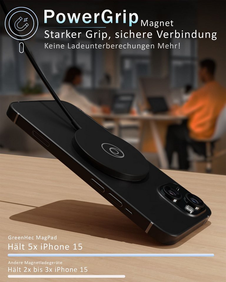 GreenHec MagSafe Ladegerät Wireless Charger Induktive Ladestation Kabellose 15w Wireless Charger (5,00 mA, Set, Magnetic MagPad + USB-A Adapter, iPhone 17 16 15 14 13 12 Pro Max Kontaktloses Kabellos Laden Induktion) Bild 3