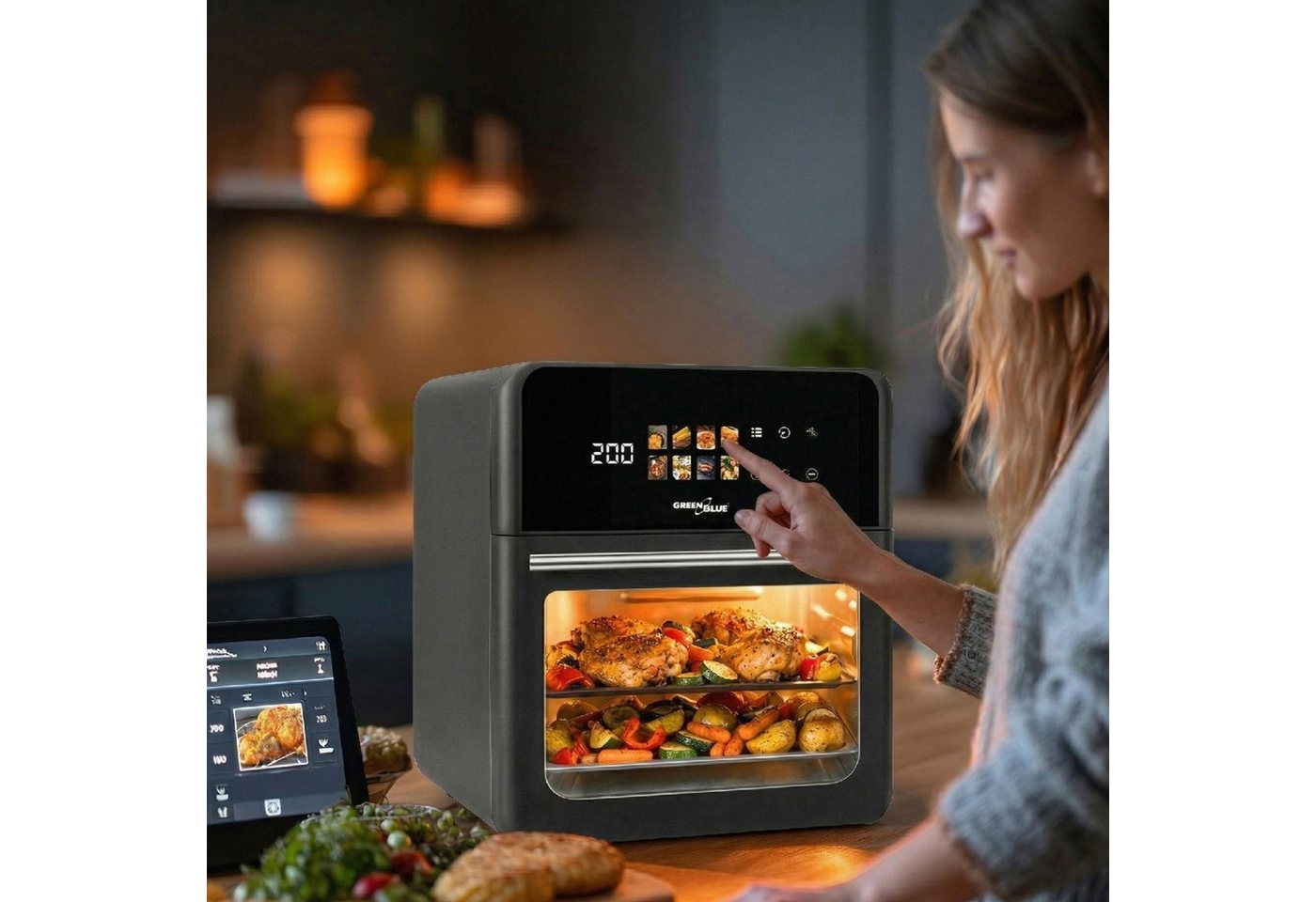 GreenBlue Heißluftfritteuse, 1800 W, Air Fryer ohne Öl, LED Touch, Timer, Sichtfenster, Zubehör