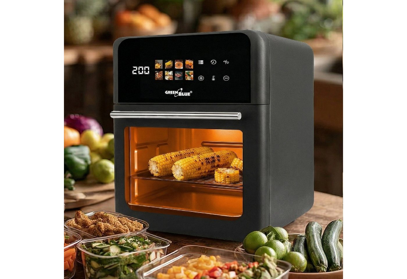 GreenBlue Heißluftfritteuse, 1800 W, Air Fryer ohne Öl, LED Touch, Timer, Sichtfenster, Zubehör Bild 4