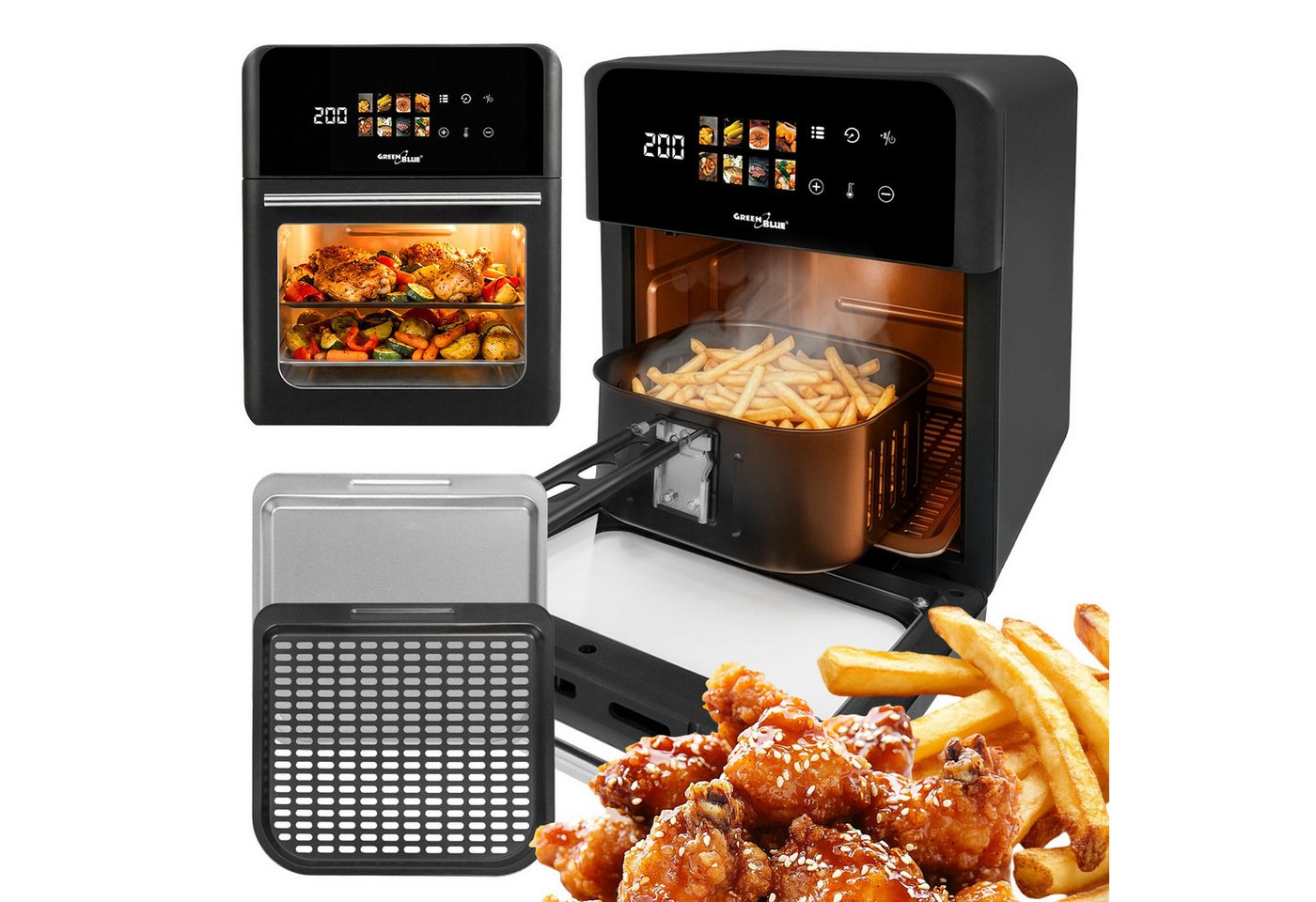 GreenBlue Heißluftfritteuse, 1800 W, Air Fryer ohne Öl, LED Touch, Timer, Sichtfenster, Zubehör Bild 5