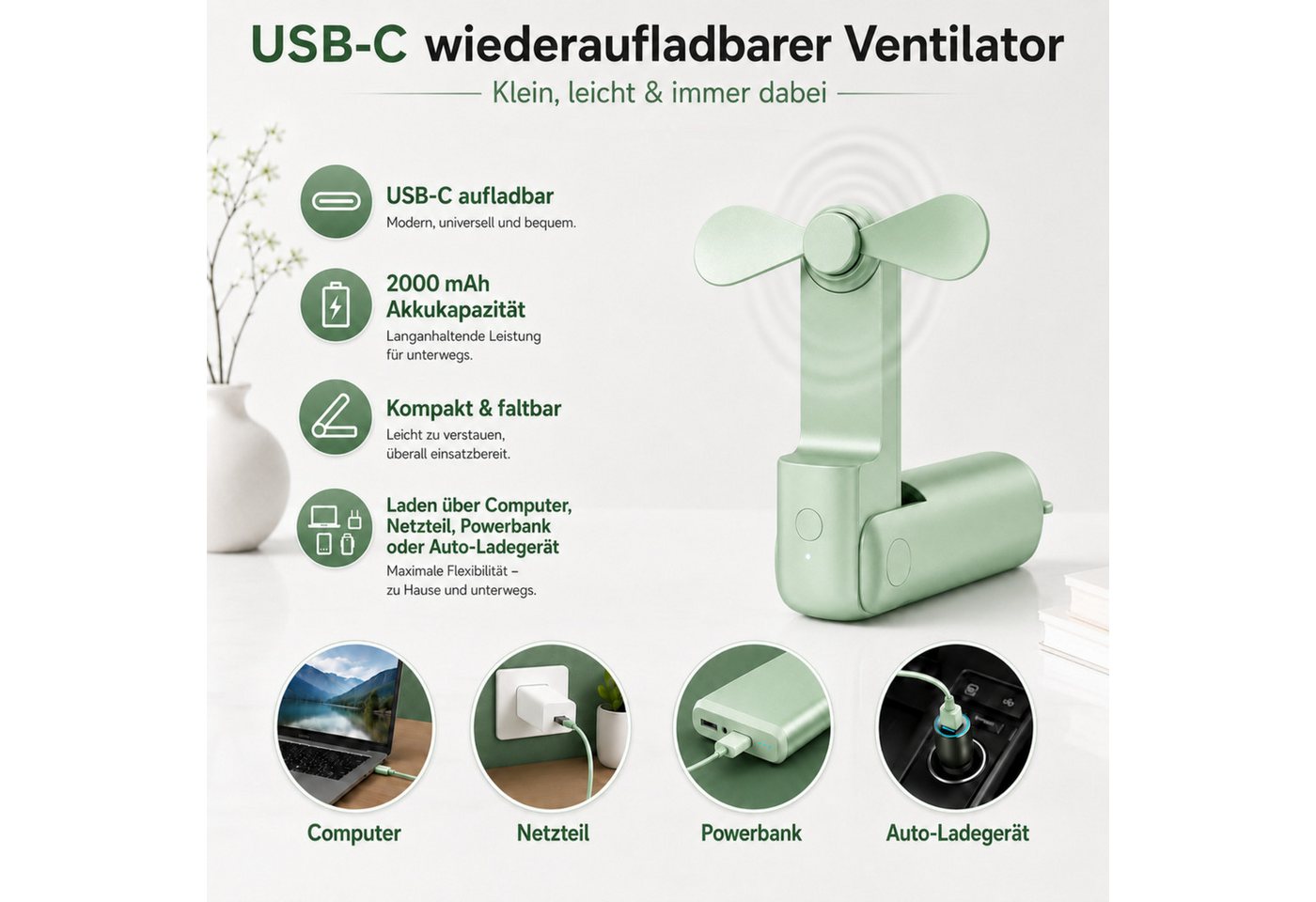 StellarLuma Handventilator Ventilator Handventilator USB Wiederaufladbar – Mobil, Leise, 3 Stufen, Kompakter, faltbarer Handventilator mit 3 Stufen und wiederaufladbar Bild 2