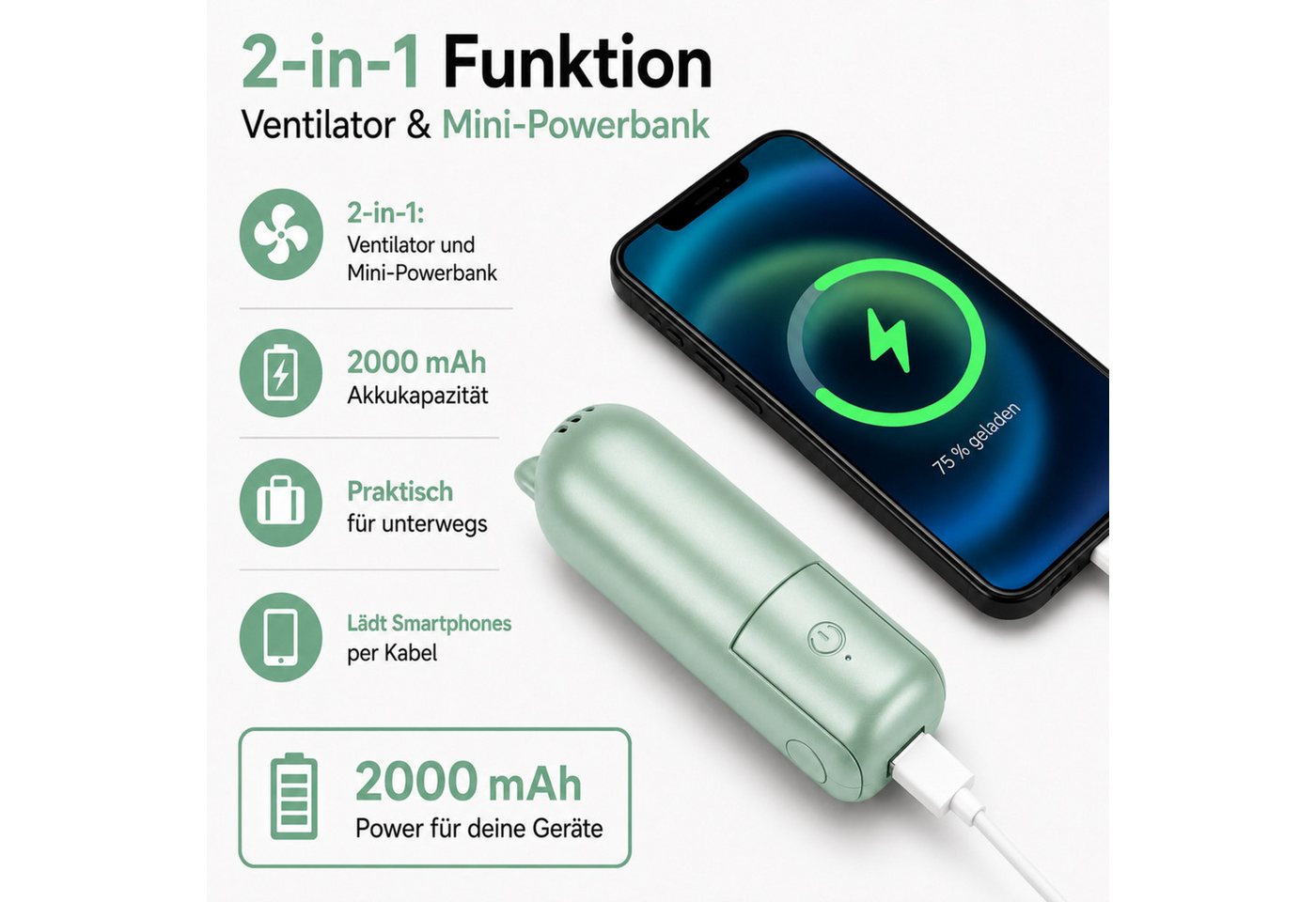 StellarLuma Handventilator Ventilator Handventilator USB Wiederaufladbar – Mobil, Leise, 3 Stufen, Kompakter, faltbarer Handventilator mit 3 Stufen und wiederaufladbar Bild 5