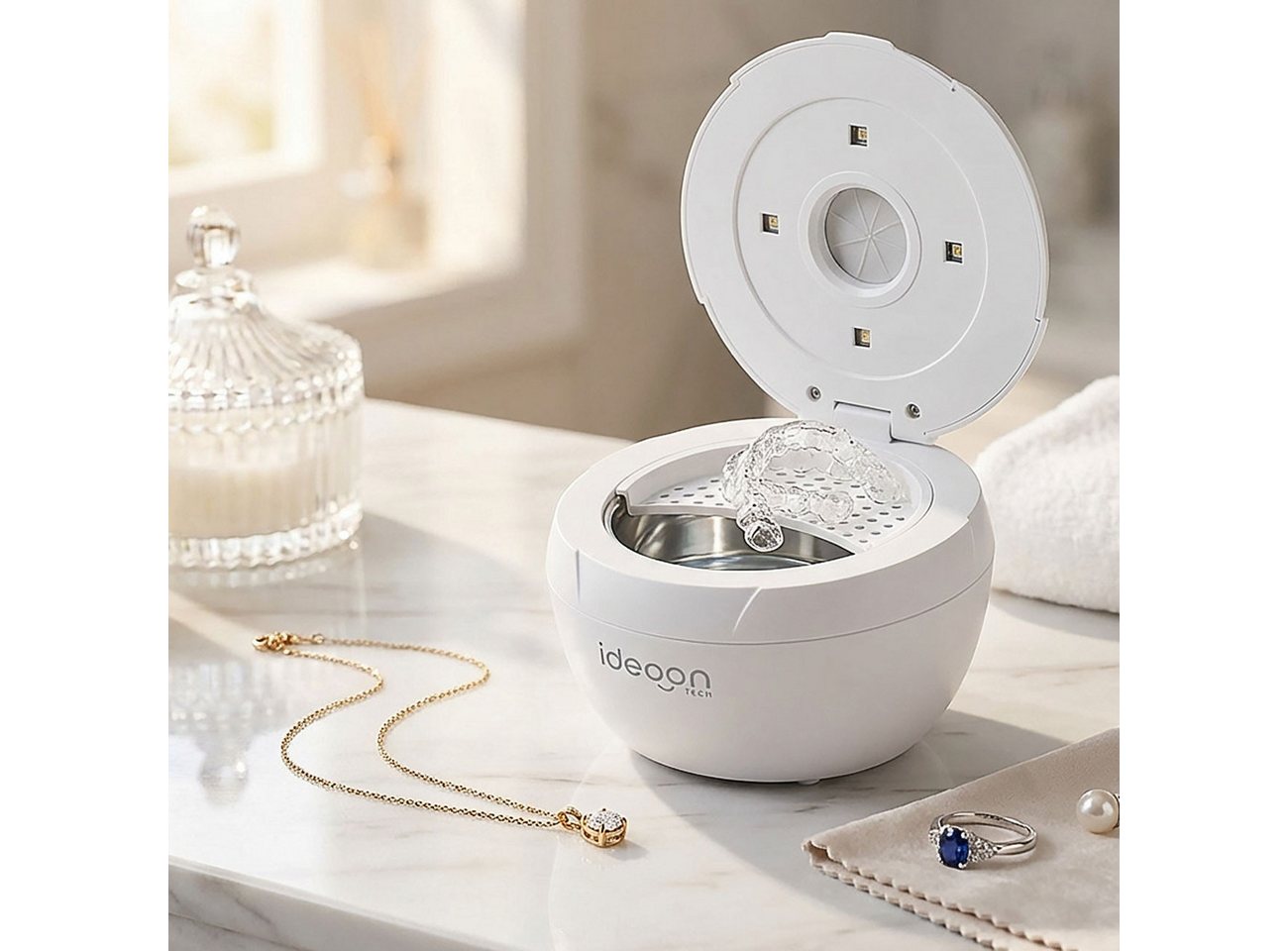 shop'n smile ideoon Ultraschallreiniger 25W Ultraschall Reinigungsgerät Zahnspangen Schmuck 4 UVA/UVC-Lichtern, 5 kHz Ultraschall & UV-Licht mit 4 Reinigungsmodi
