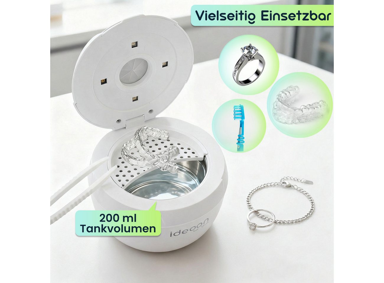 shop'n smile ideoon Ultraschallreiniger 25W Ultraschall Reinigungsgerät Zahnspangen Schmuck 4 UVA/UVC-Lichtern, 5 kHz Ultraschall & UV-Licht mit 4 Reinigungsmodi Bild 4