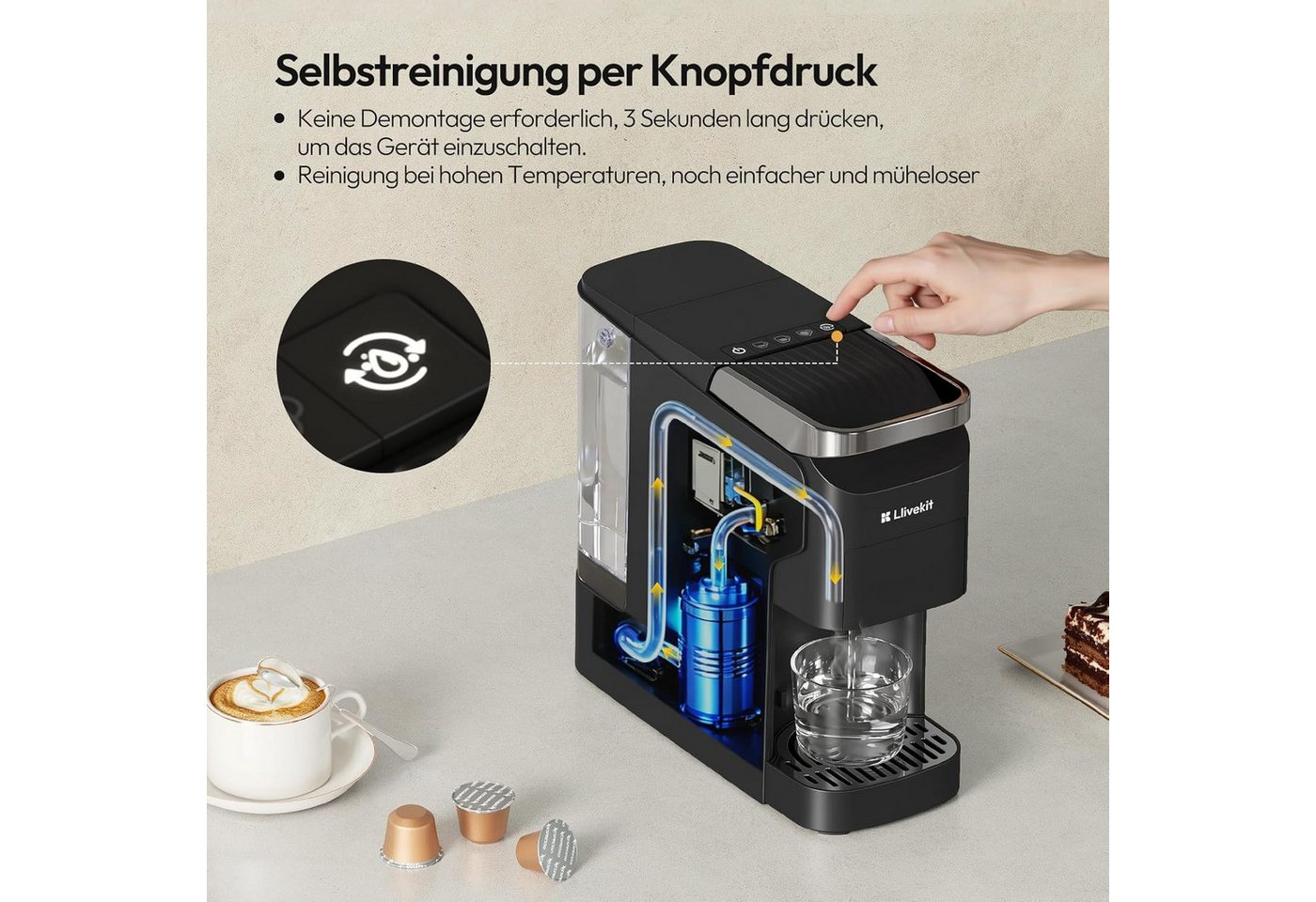 LLIVEKIT Kapselmaschine, 20 Bar Kompatibel mit Nespresso, Dolce Gusto, ESE Pads & Kaffeepulver Bild 5