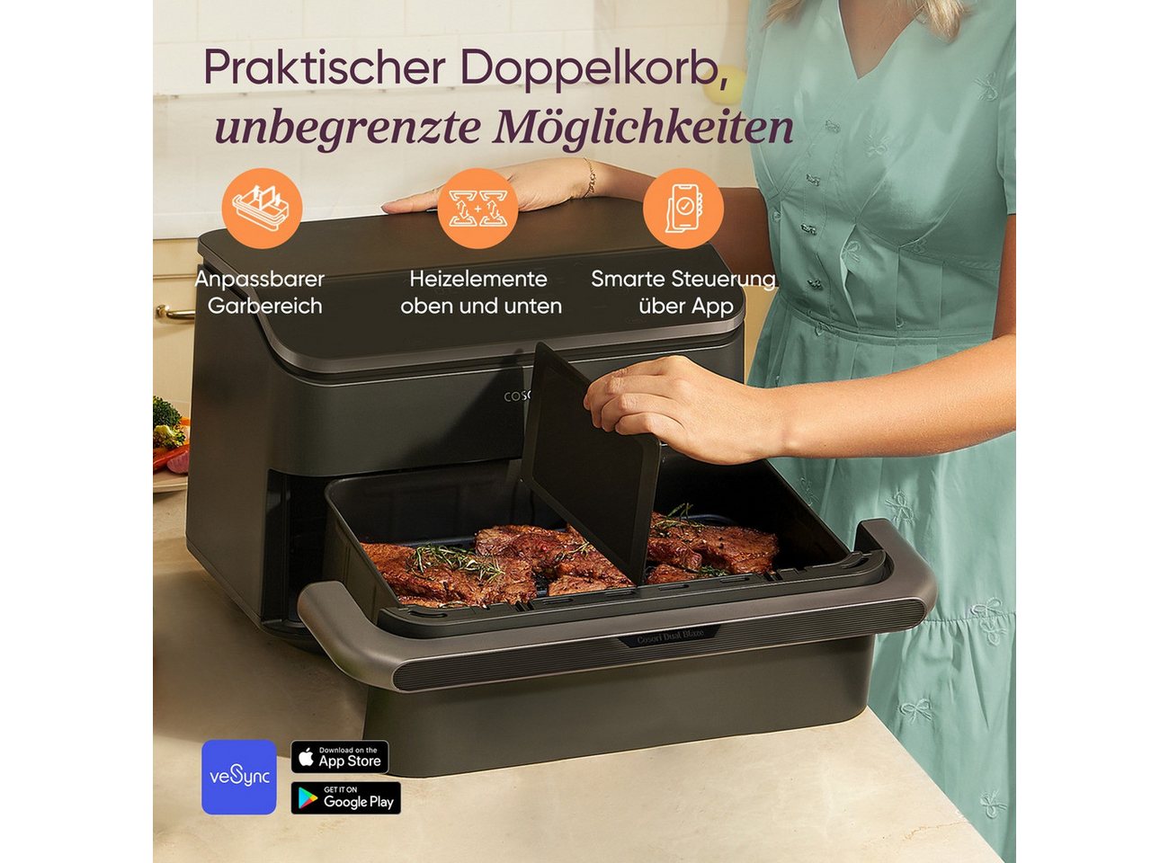 Cosori Fritteuse, 2800 W, 2 x 5 l, 35–240 °C, App-Steuerung, spülmaschinengeeignete Körbe