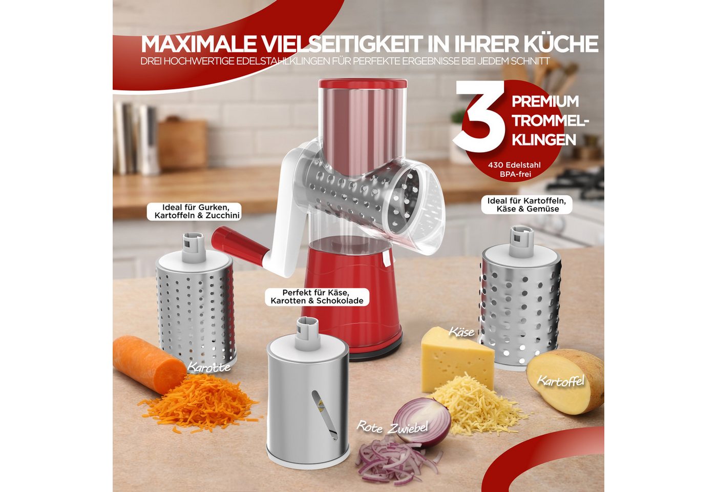 BI International Gemüseschneider Gemüseschneider mit Kurbel, Trommelreibe mit 3 Edelstahl-Klingen