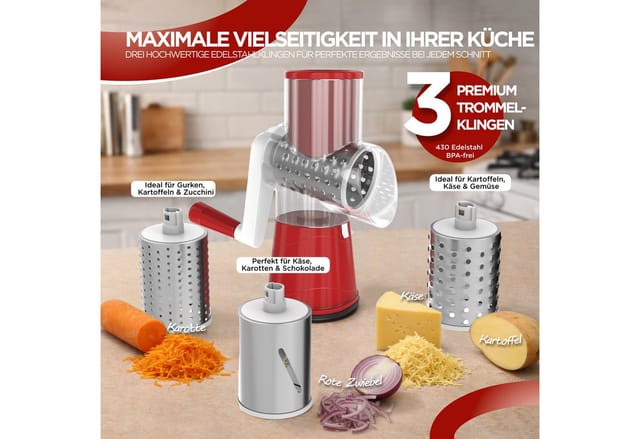BI International Gemüseschneider Gemüseschneider mit Kurbel, Trommelreibe mit 3 Edelstahl-Klingen