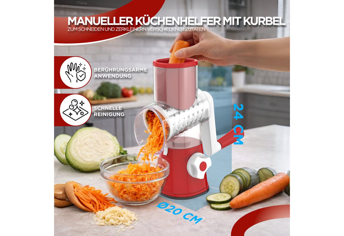 BI International Gemüseschneider Gemüseschneider mit Kurbel, Trommelreibe mit 3 Edelstahl-Klingen Bild 3