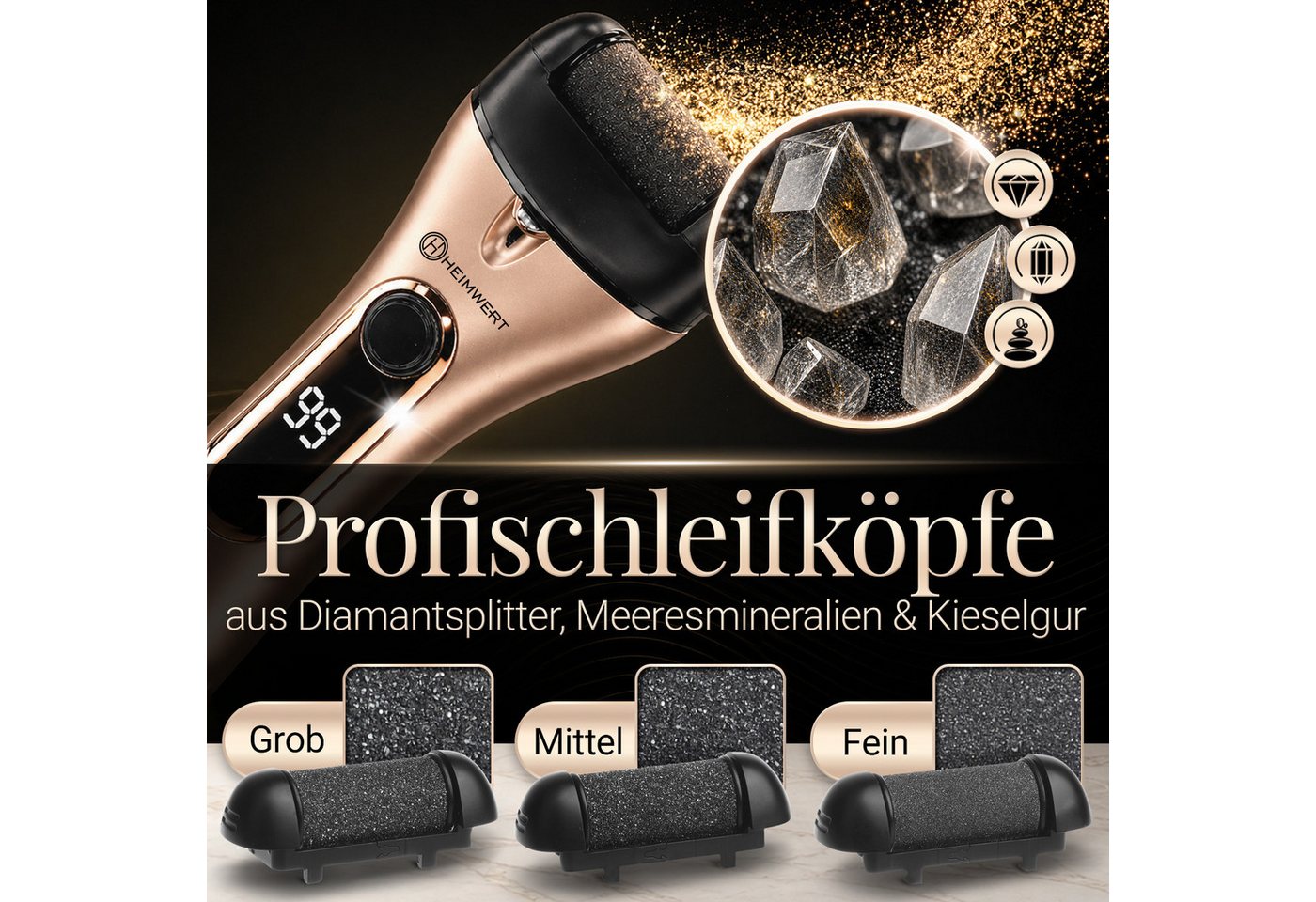 HEIMWERT Elektrischer Hornhautentferner Hornhautentferner elektrisch GOLD, mit Diamant, extra starkem Motor, nass/ trocken Bild 2