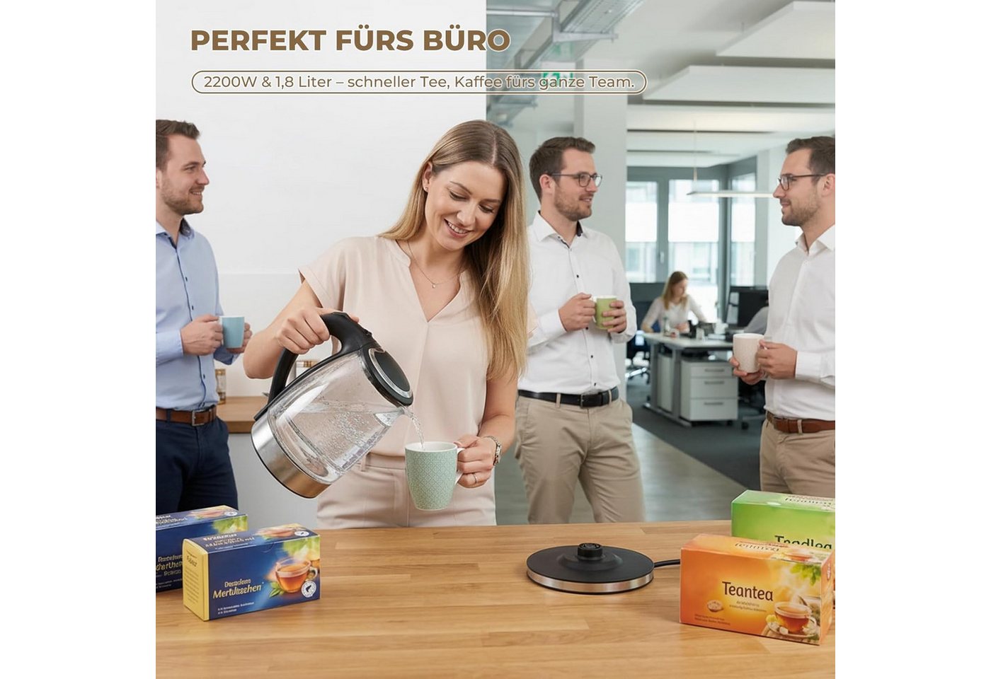 kowdom Wasserkocher Glas 1,8L 2200W BPA-frei Schnellkochfunktion LED Abschaltung Haushalt, 2200 W, BPA-frei, Borosilikatglas, Kompakt, Beidhändig geeignet
