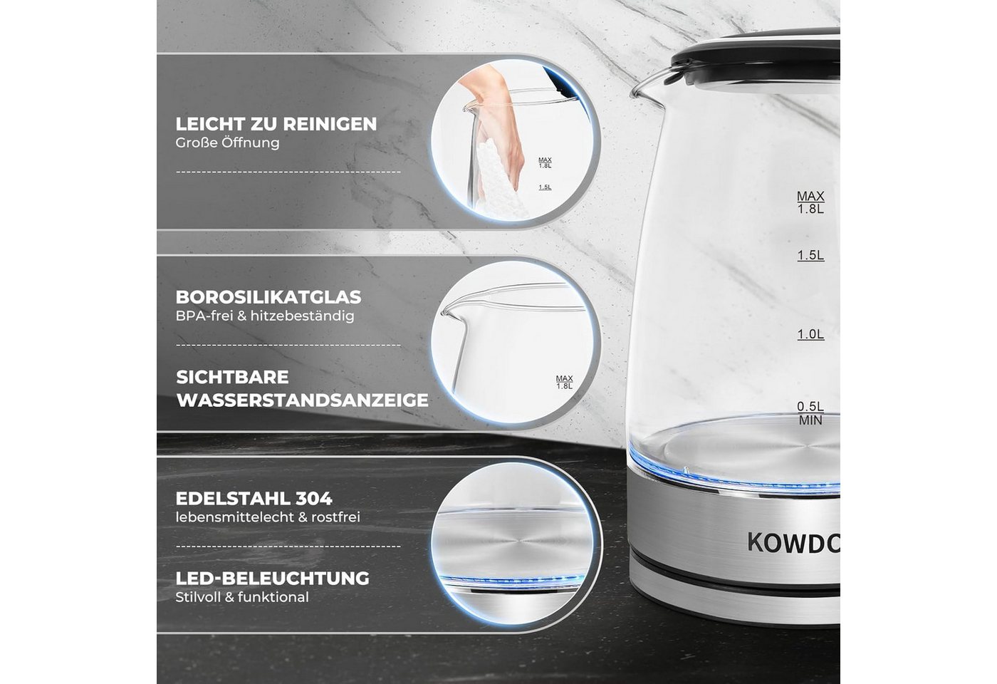 kowdom Wasserkocher Glas 1,8L 2200W BPA-frei Schnellkochfunktion LED Abschaltung Haushalt, 2200 W, BPA-frei, Borosilikatglas, Kompakt, Beidhändig geeignet Bild 2