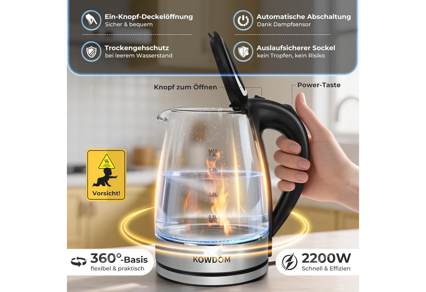 kowdom Wasserkocher Glas 1,8L 2200W BPA-frei Schnellkochfunktion LED Abschaltung Haushalt, 2200 W, BPA-frei, Borosilikatglas, Kompakt, Beidhändig geeignet Bild 4