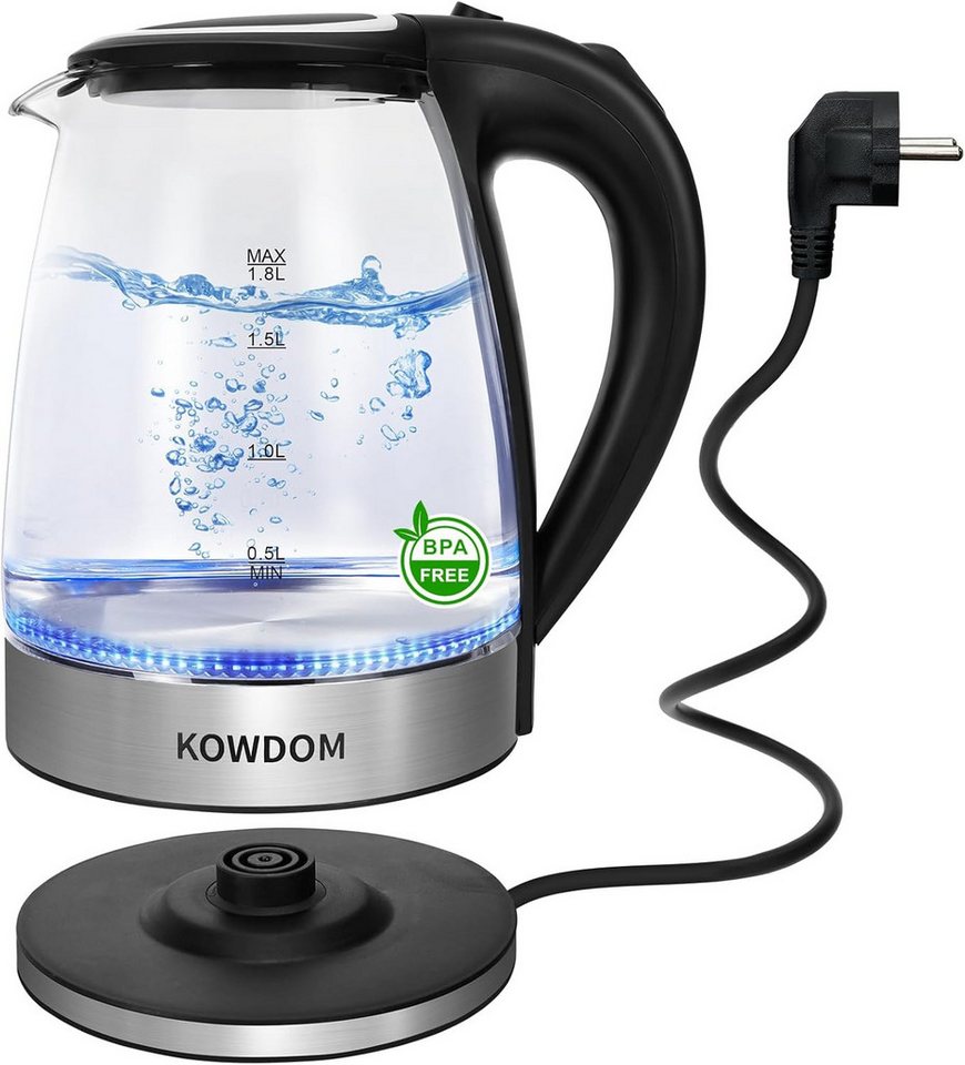 kowdom Wasserkocher Glas 1,8L 2200W BPA-frei Schnellkochfunktion LED Abschaltung Haushalt, 2200 W, BPA-frei, Borosilikatglas, Kompakt, Beidhändig geeignet Bild 5