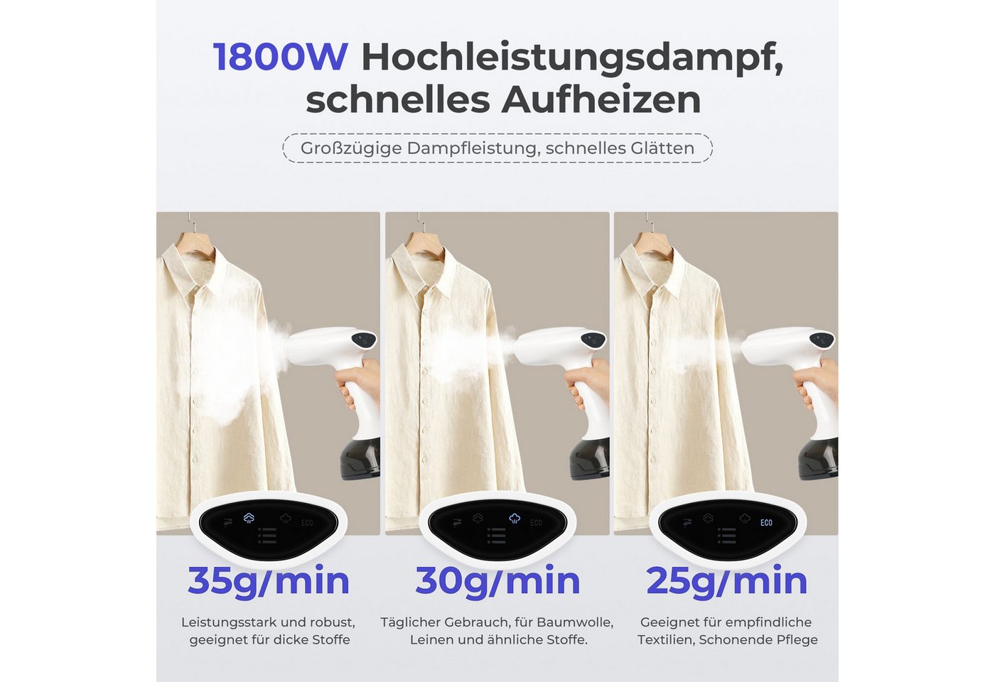 kowdom Dampfbügeleisen 1800W, 3 Stufen, 400ml – Reisebügeleisen, 1800 W, Tragbar, Kompakt, 3 Dampfstufen, Schutzfunktionen Bild 4