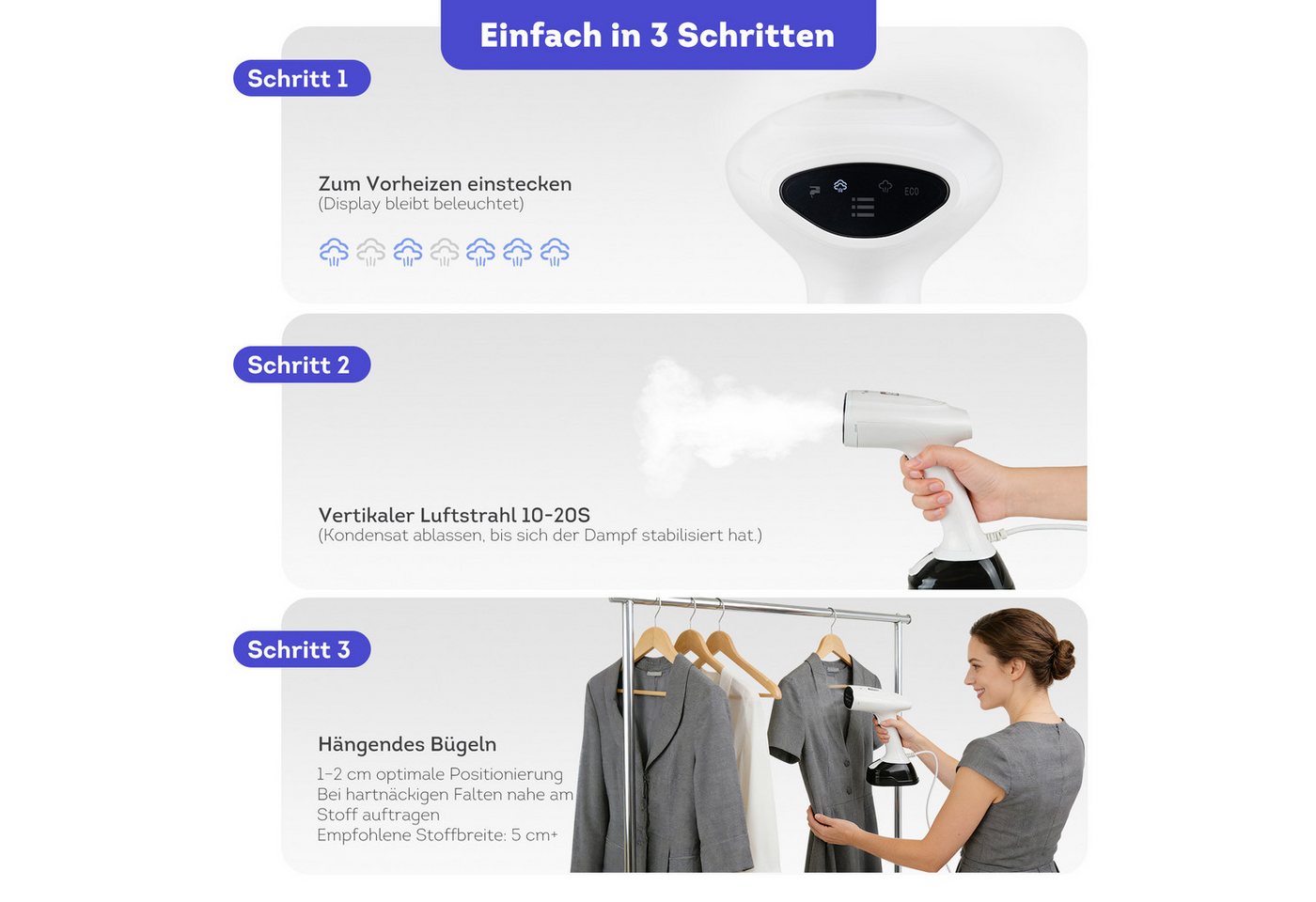 kowdom Dampfbügeleisen 1800W, 3 Stufen, 400ml – Reisebügeleisen, 1800 W, Tragbar, Kompakt, 3 Dampfstufen, Schutzfunktionen Bild 5