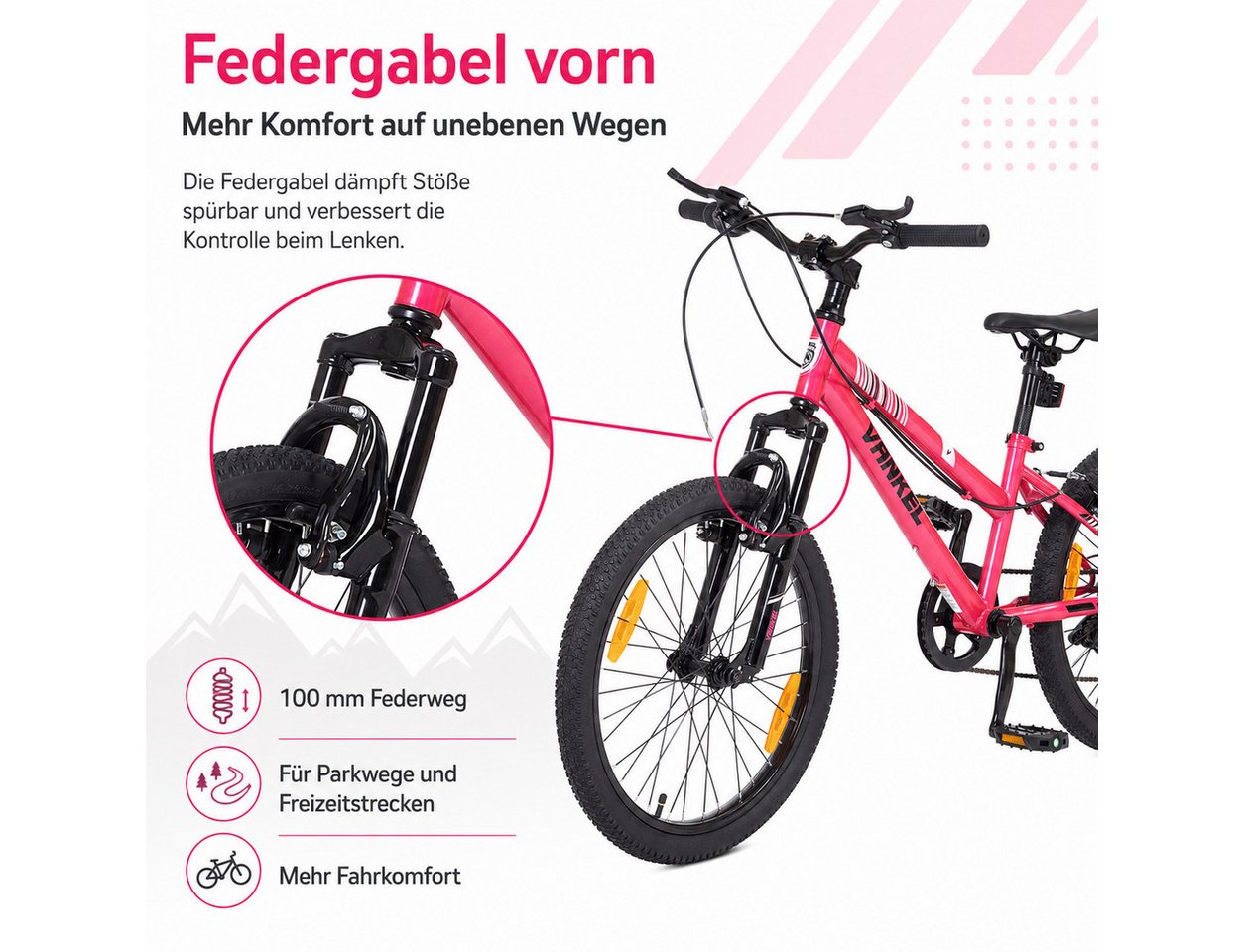 Vankel Kinderfahrrad 20 Zoll, Fahrrad für Kinder, Mountainbike, ab 6 Jahre, 6 Gang, Kettenschaltung, Mit Federgabel, V-Brakes, Reflektoren und Seitenständer