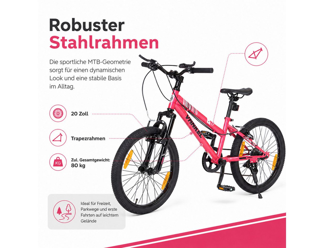 Vankel Kinderfahrrad 20 Zoll, Fahrrad für Kinder, Mountainbike, ab 6 Jahre, 6 Gang, Kettenschaltung, Mit Federgabel, V-Brakes, Reflektoren und Seitenständer Bild 2