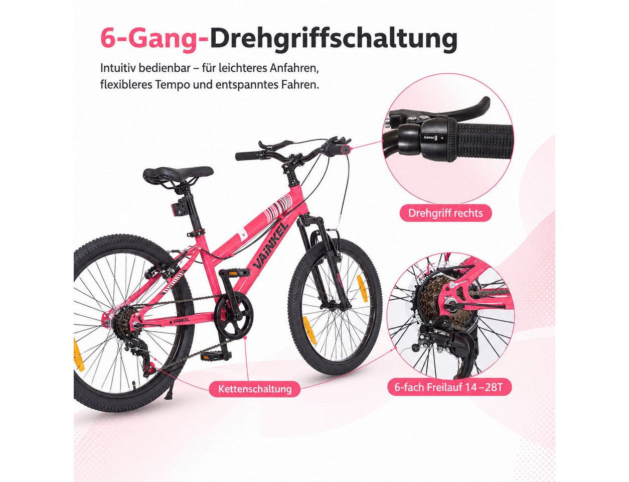 Vankel Kinderfahrrad 20 Zoll, Fahrrad für Kinder, Mountainbike, ab 6 Jahre, 6 Gang, Kettenschaltung, Mit Federgabel, V-Brakes, Reflektoren und Seitenständer Bild 4