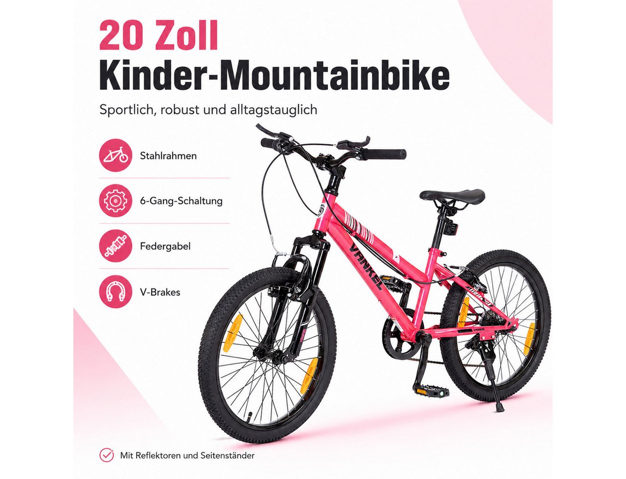 Vankel Kinderfahrrad 20 Zoll, Fahrrad für Kinder, Mountainbike, ab 6 Jahre, 6 Gang, Kettenschaltung, Mit Federgabel, V-Brakes, Reflektoren und Seitenständer Bild 5