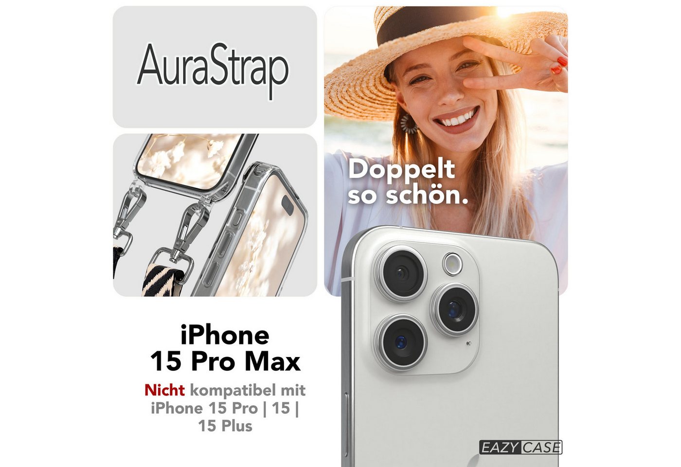 EAZY CASE Handykette Umhängeband MagSafe Hülle Apple iPhone 15 Pro Max 6,7 Zoll, Silikon Hülle zum Umhängen MagSafe Cross Bag Zebra Stil Schwarz Taupe