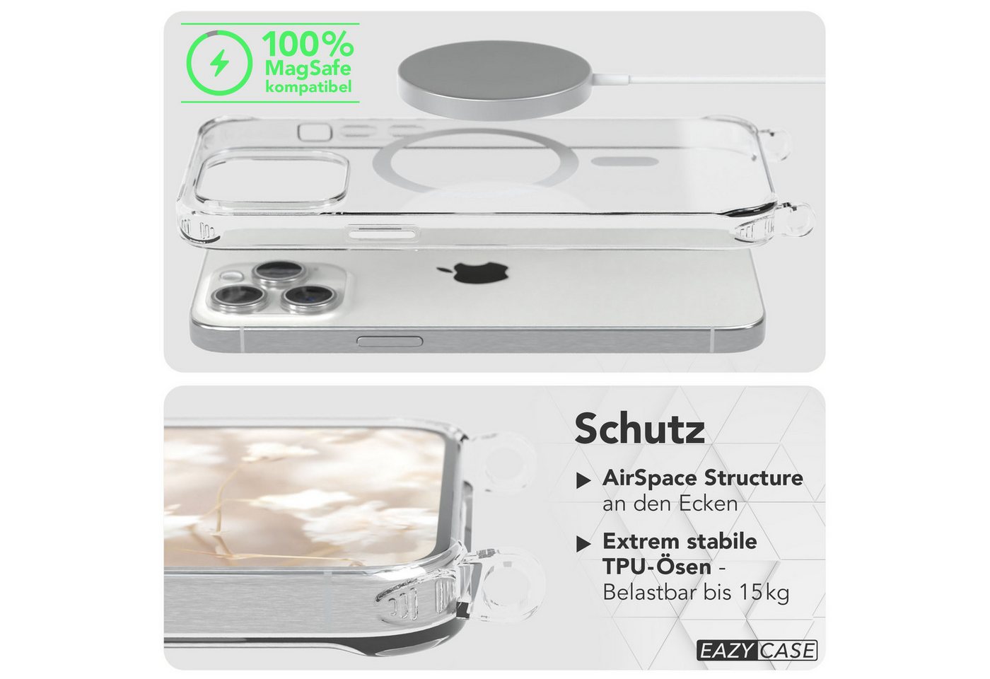 EAZY CASE Handykette Umhängeband MagSafe Hülle Apple iPhone 15 Pro Max 6,7 Zoll, Silikon Hülle zum Umhängen MagSafe Cross Bag Zebra Stil Schwarz Taupe Bild 2