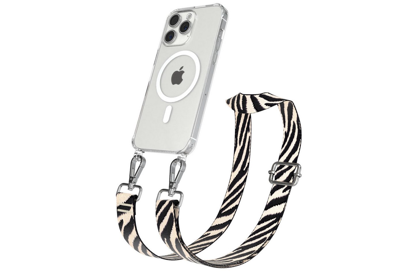 EAZY CASE Handykette Umhängeband MagSafe Hülle Apple iPhone 15 Pro Max 6,7 Zoll, Silikon Hülle zum Umhängen MagSafe Cross Bag Zebra Stil Schwarz Taupe Bild 3