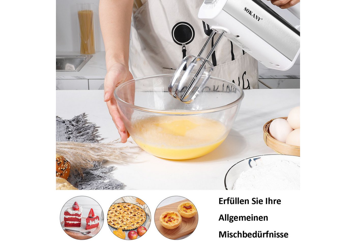 SOKANY Handmixer 800W, Handrührgerät 5 Geschwindigkeiten mit Turbo, 800 W