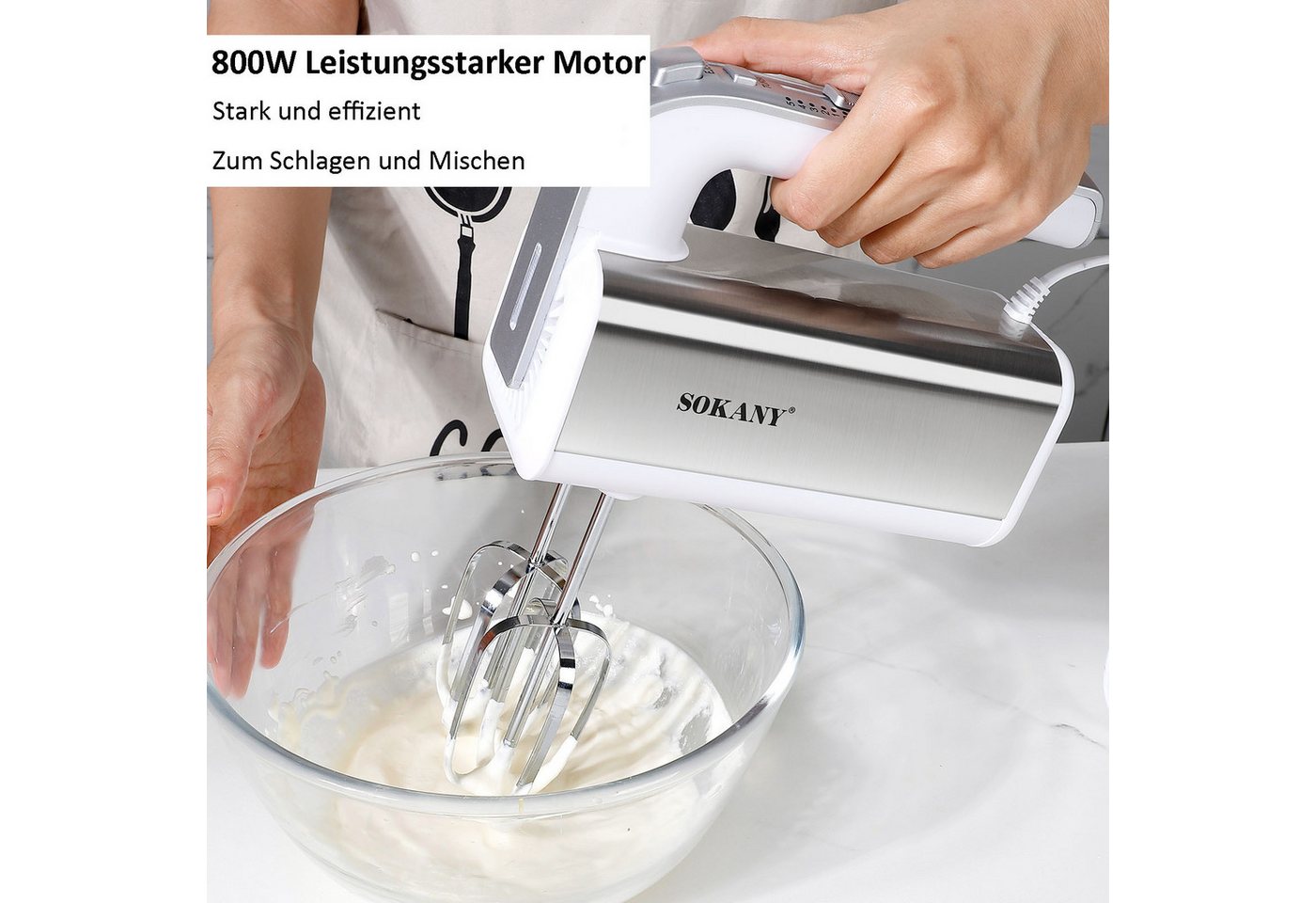 SOKANY Handmixer 800W, Handrührgerät 5 Geschwindigkeiten mit Turbo, 800 W Bild 3