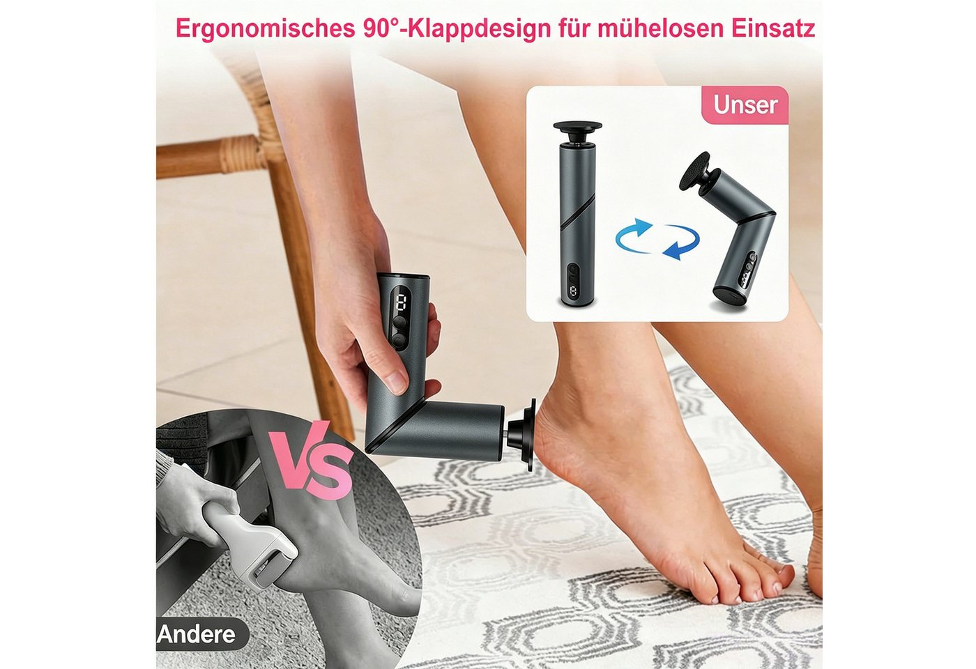 TUWENA Elektrischer Hornhautentferner Hornhautentferner Elektrischer 2-in-1 klappbar mit 9 Gangstufen, Wiederaufladbar, LED-Display, Aluminium, mit Zubehör, Salon-Qualität