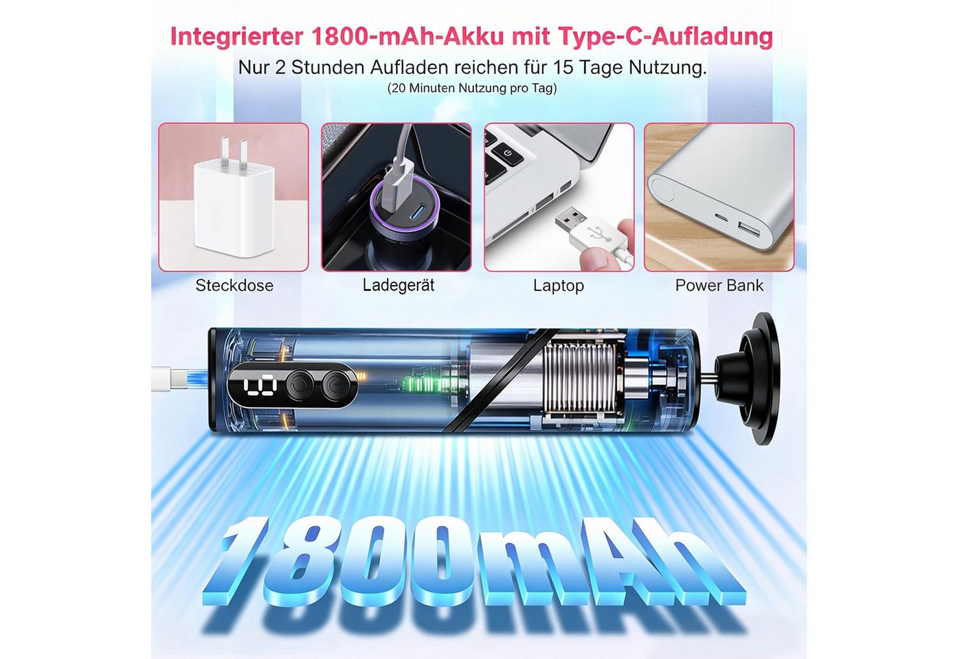TUWENA Elektrischer Hornhautentferner Hornhautentferner Elektrischer 2-in-1 klappbar mit 9 Gangstufen, Wiederaufladbar, LED-Display, Aluminium, mit Zubehör, Salon-Qualität Bild 3