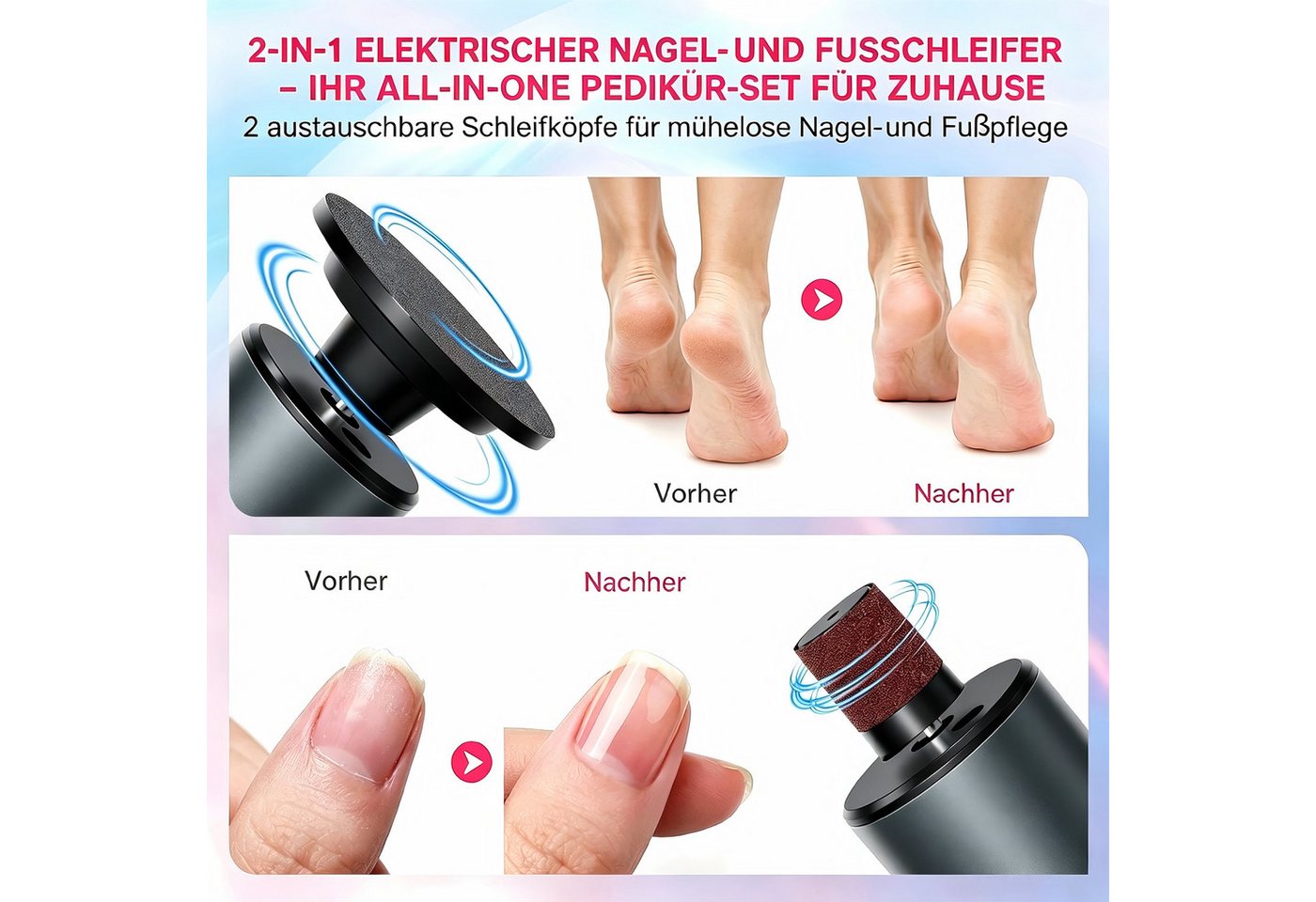 TUWENA Elektrischer Hornhautentferner Hornhautentferner Elektrischer 2-in-1 klappbar mit 9 Gangstufen, Wiederaufladbar, LED-Display, Aluminium, mit Zubehör, Salon-Qualität Bild 4