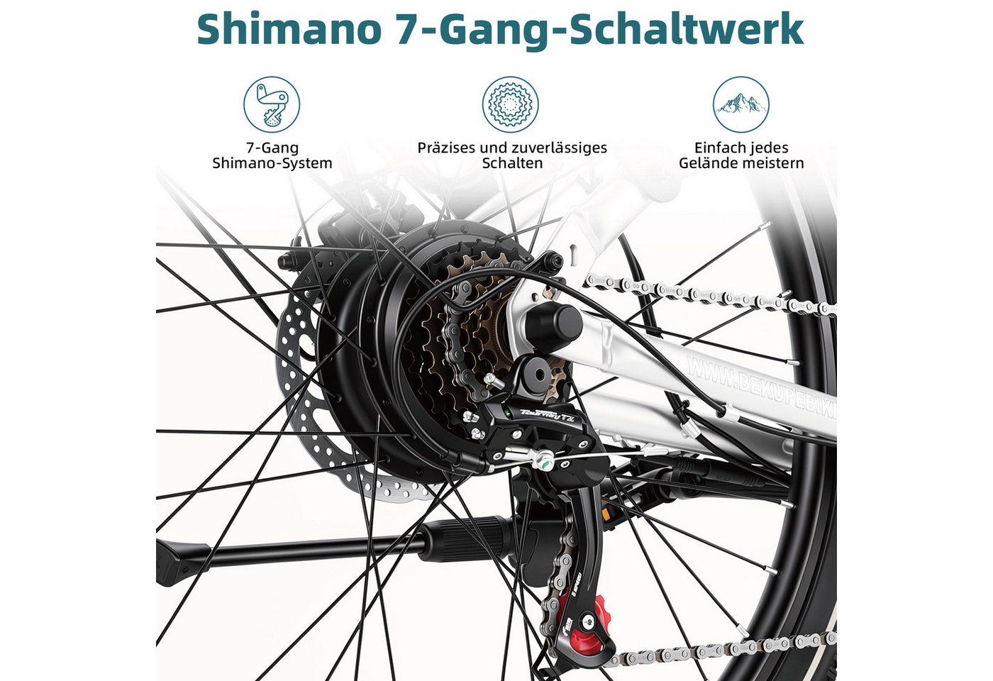 Vankel E-Bike Cityrad 26 Zoll E-Fahrrad Damen u. Herren 522WH, Tiefeinsteiger, 7-Gang, 7 Gang Shimano Shimano Tourney TZ Schaltwerk, Kettenschaltung, Heckmotor, 522 Wh, (Komplettset, E-Bike inklusive Akku und Ladegerät), Entspannt pendeln –Cityrad bis 75 km, Federgabel und Komfortsattel Bild 3