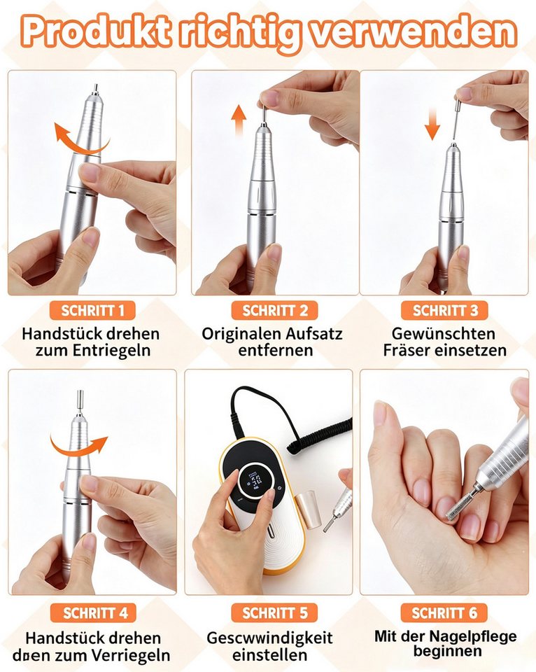 OYLCDI Maniküre-Pediküre-Set Kabelloses tragbares Maniküreset,elektrische Maniküre mit Ladestation, Nagelgerät mit LCD Display, 6 Bits + Schleifhülsen,45000 hohe U/min, Links/Rechtslauf, USB-C Akku, Maniküre & Pediküre für Zuhause & Salon
