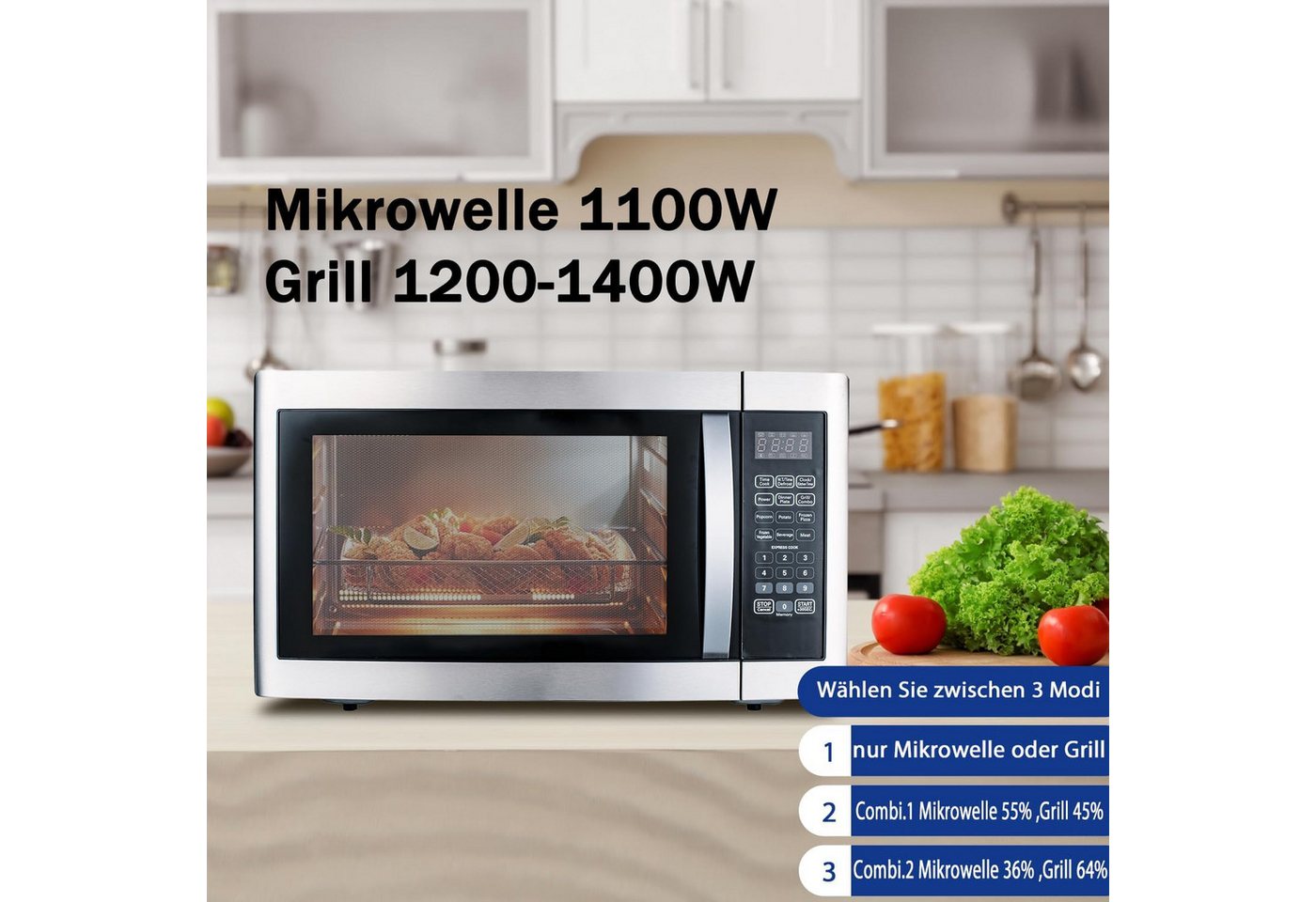 Smad Mikrowelle Großvolumiger, multifunktionaler Mikrowellenofen mit 11 Leistungsstufen und 6 Kochprogrammen., Grill, 42 l, 1100 W Mikrowellenleistung + 1400 W Grillleistung