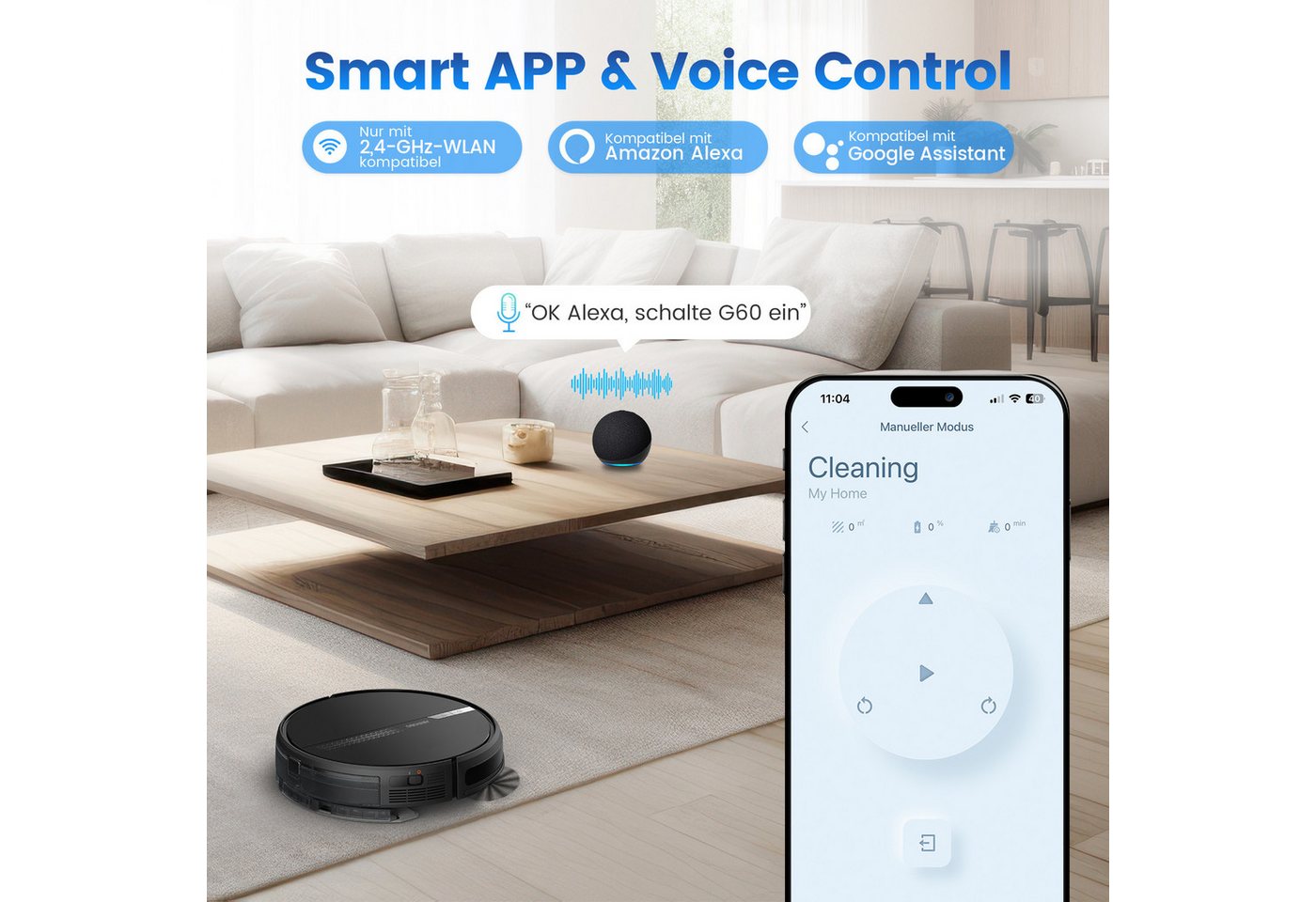 AIRROBO Nass-Trocken-Saugroboter G60 Saugroboter mit Wischfunktion, 3-in-1 Saug- und Wischroboter, 45 W, 4000 Pa, 120 min Laufzeit, App & Sprachsteuerung, für Tierhaare & Hartböden, intelligente Gyroskop-Navigation Bild 2