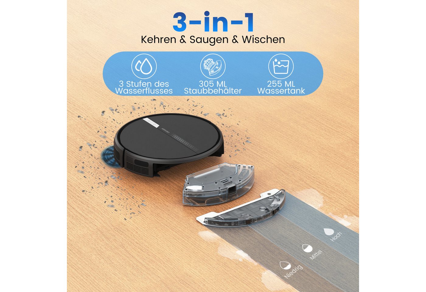 AIRROBO Nass-Trocken-Saugroboter G60 Saugroboter mit Wischfunktion, 3-in-1 Saug- und Wischroboter, 45 W, 4000 Pa, 120 min Laufzeit, App & Sprachsteuerung, für Tierhaare & Hartböden, intelligente Gyroskop-Navigation Bild 4