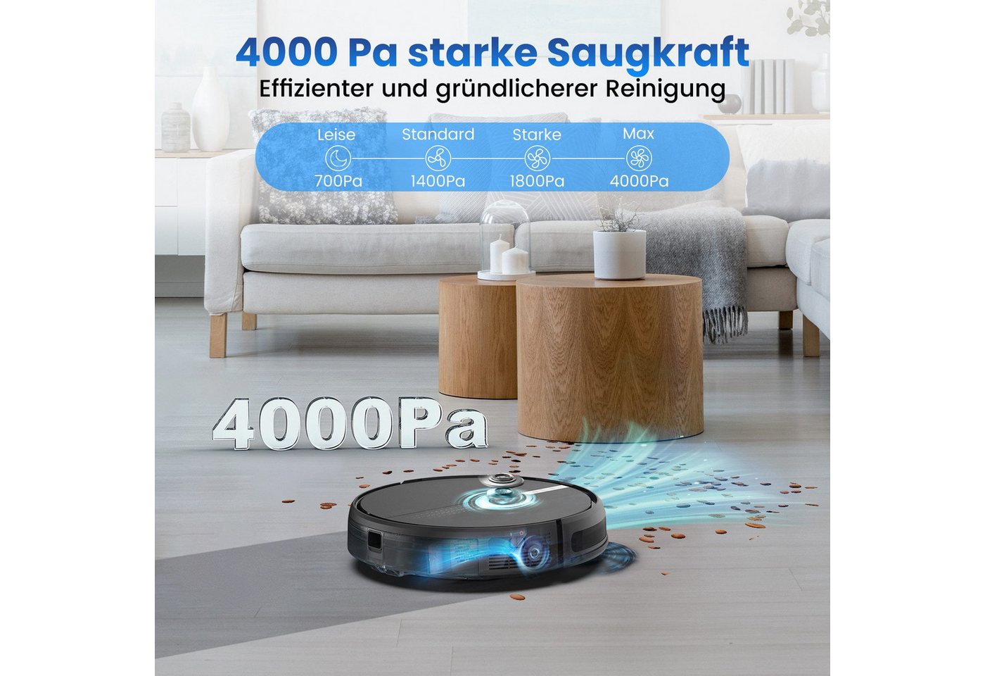 AIRROBO Nass-Trocken-Saugroboter G60 Saugroboter mit Wischfunktion, 3-in-1 Saug- und Wischroboter, 45 W, 4000 Pa, 120 min Laufzeit, App & Sprachsteuerung, für Tierhaare & Hartböden, intelligente Gyroskop-Navigation Bild 5