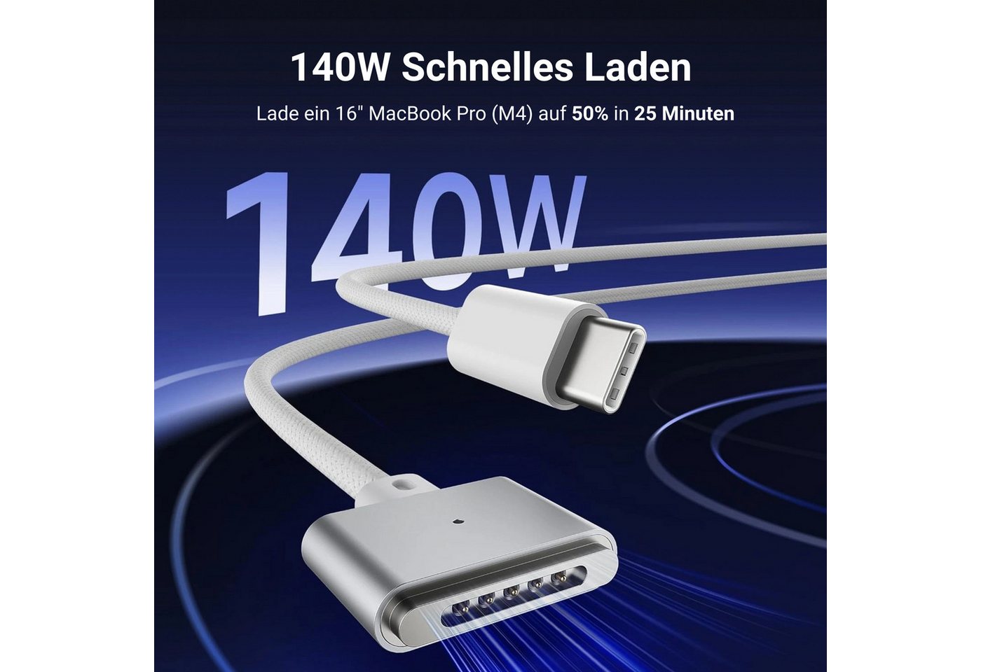 PlugUp MagSafe 3 Ladekabel 140W Schnellladekabel für MacBook Air & Pro magnetisches Ladekabel, USB-C, MagSafe 3, USB Typ C (200 cm), Ladekabel für MacBook Pro M1 M2 M3 M4 M5 MacBook Air M2 M3 M4 M5 Bild 5
