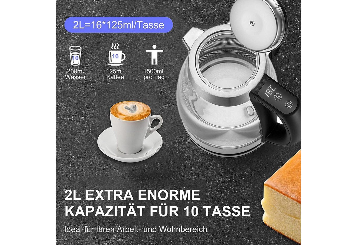 ibettertec Wasserkocher Wasserkocher mit temperatureinstellung, Wasserkocher Glas 2,0 Liter, 2200,00 W, Temperaturwahl 40-100°C Farbwechsel LED Temperatur