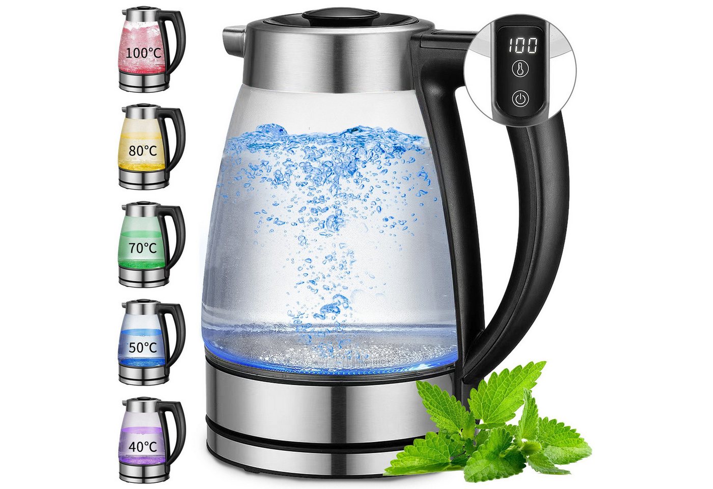 ibettertec Wasserkocher Wasserkocher mit temperatureinstellung, Wasserkocher Glas 2,0 Liter, 2200,00 W, Temperaturwahl 40-100°C Farbwechsel LED Temperatur Bild 2