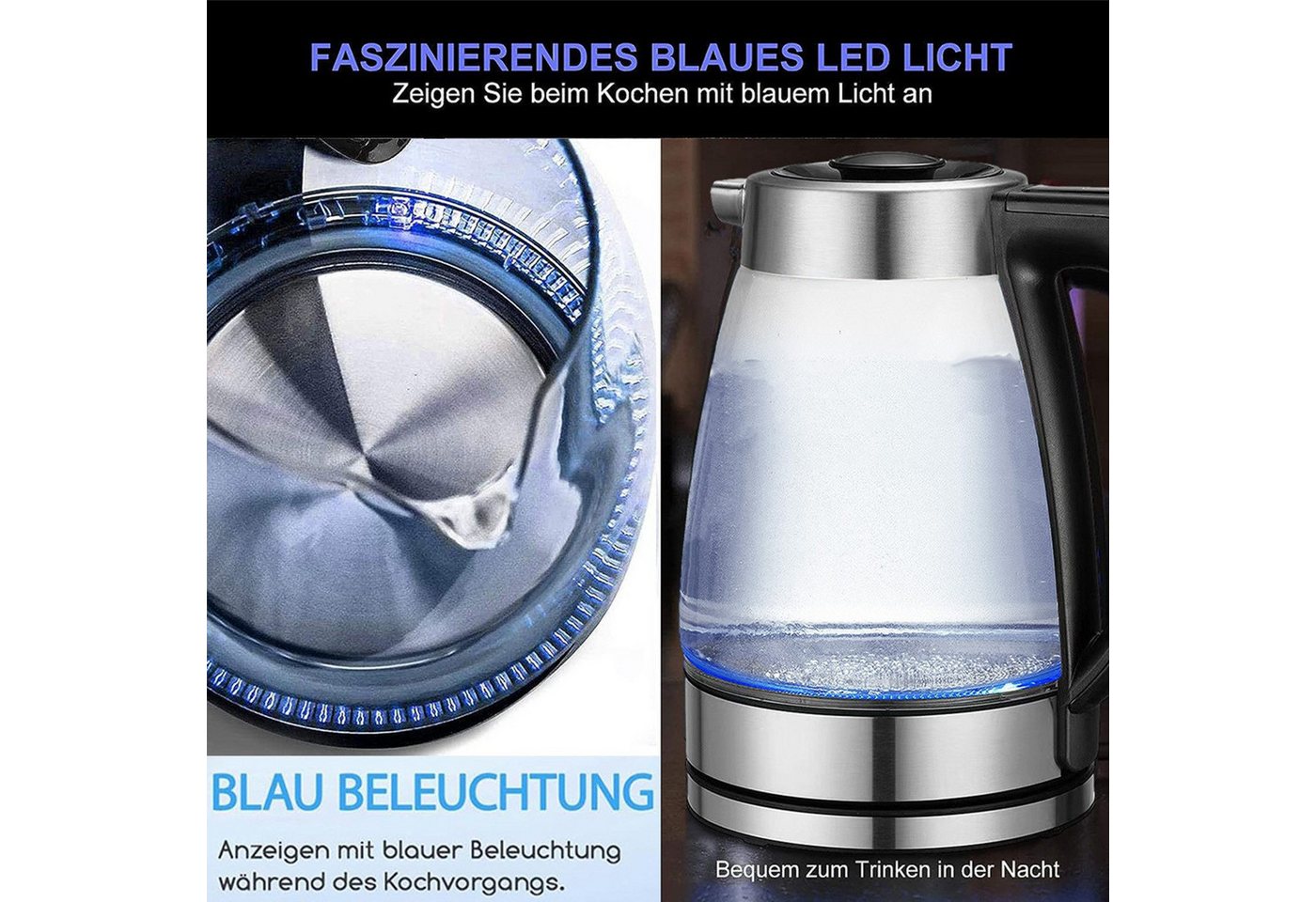 ibettertec Wasserkocher Wasserkocher mit temperatureinstellung, Wasserkocher Glas 2,0 Liter, 2200,00 W, Temperaturwahl 40-100°C Farbwechsel LED Temperatur Bild 4
