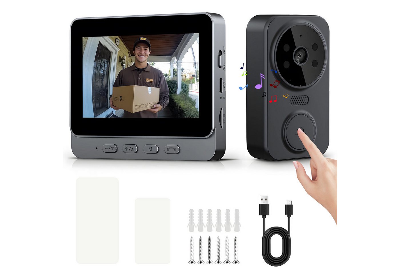 AKKEE Video-Türsprechanlage Drahtlose Video-Türklingel, 2,4-GHz-Verbindung (Mit intelligentem 4,3-Zoll-IPS-Display kabellose Türklingel)