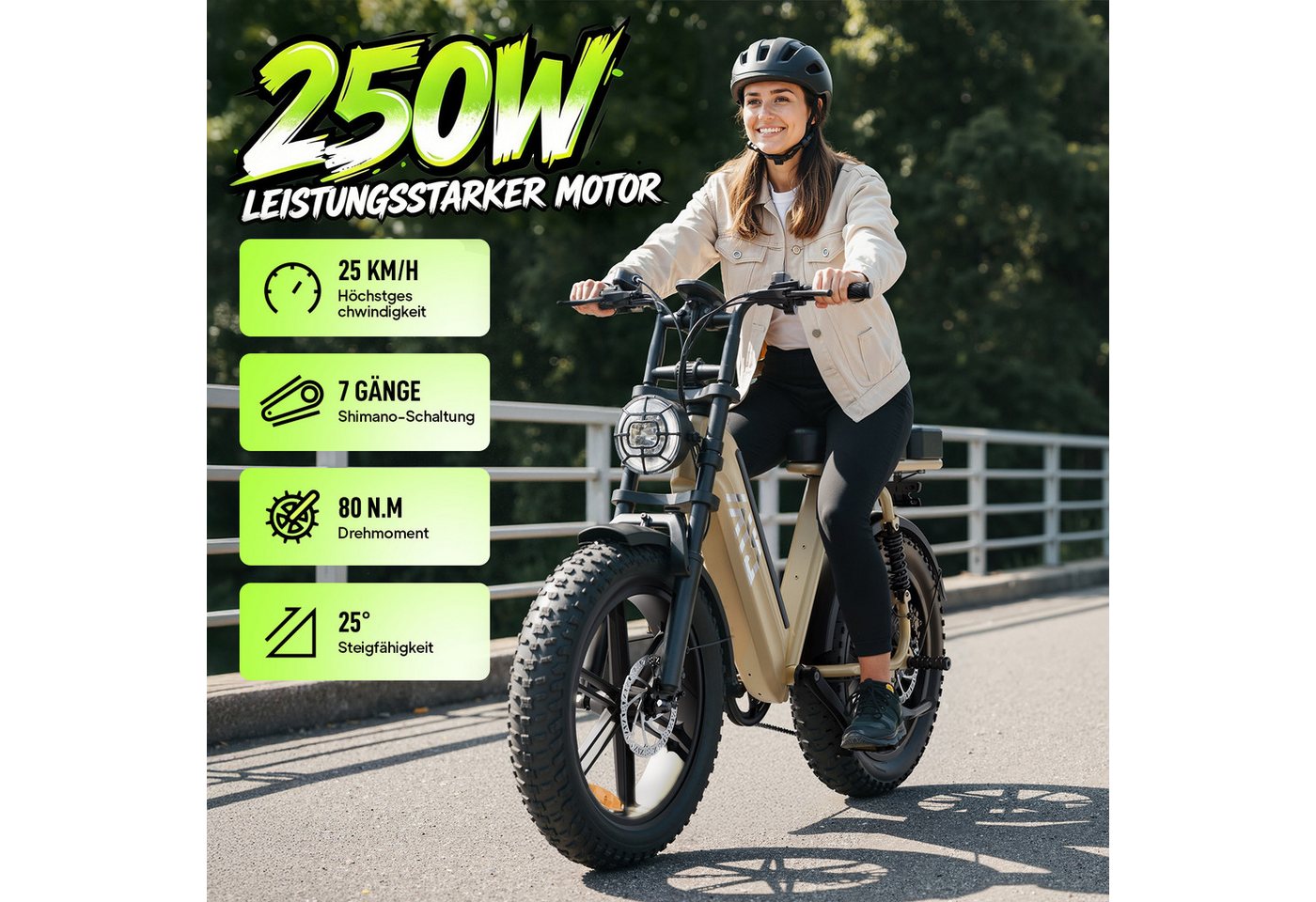 SISIGAD E-Bike Mountainbike 20'' Fat Tire E-Bike 48V 15AH,250W, Herausnehmbarer Akku, APP, R7, Shimano, Heckmotor, 720 Wh, 7-Gang Schaltung,100 km Reichweite(PAS) für Alltag und Freizeit Bild 2