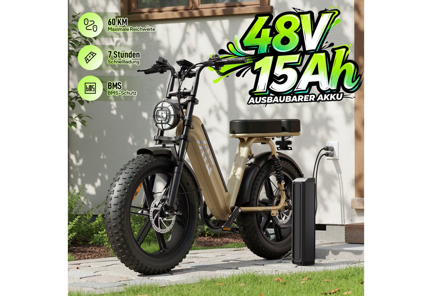 SISIGAD E-Bike Mountainbike 20'' Fat Tire E-Bike 48V 15AH,250W, Herausnehmbarer Akku, APP, R7, Shimano, Heckmotor, 720 Wh, 7-Gang Schaltung,100 km Reichweite(PAS) für Alltag und Freizeit Bild 4