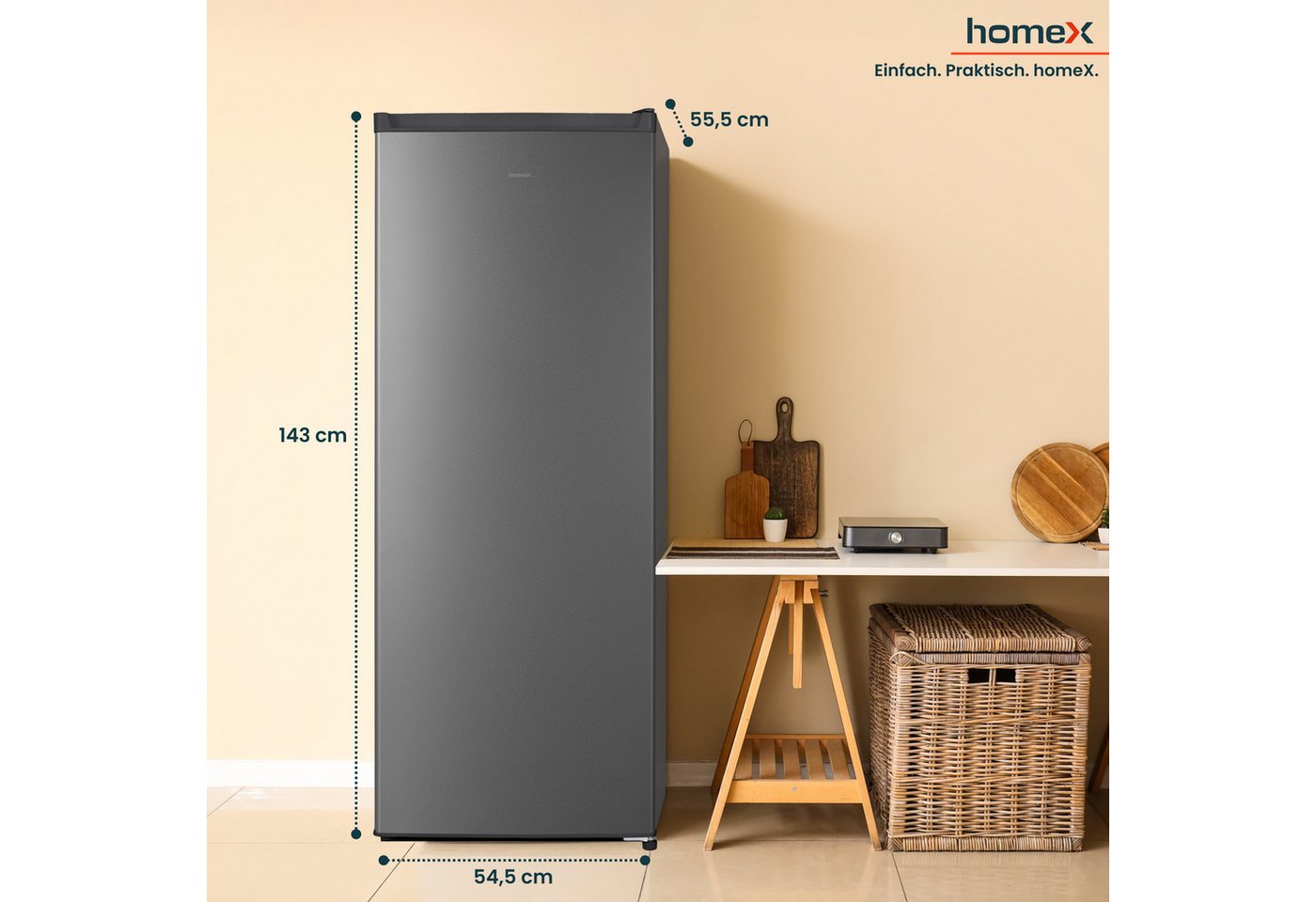 homeX Kühlschrank CS2422E-S, 143 cm hoch, 54.5 cm breit, 242 L, Vollraumkühlschrank ohne Gefrierfach groß, freistehend, 37 dB