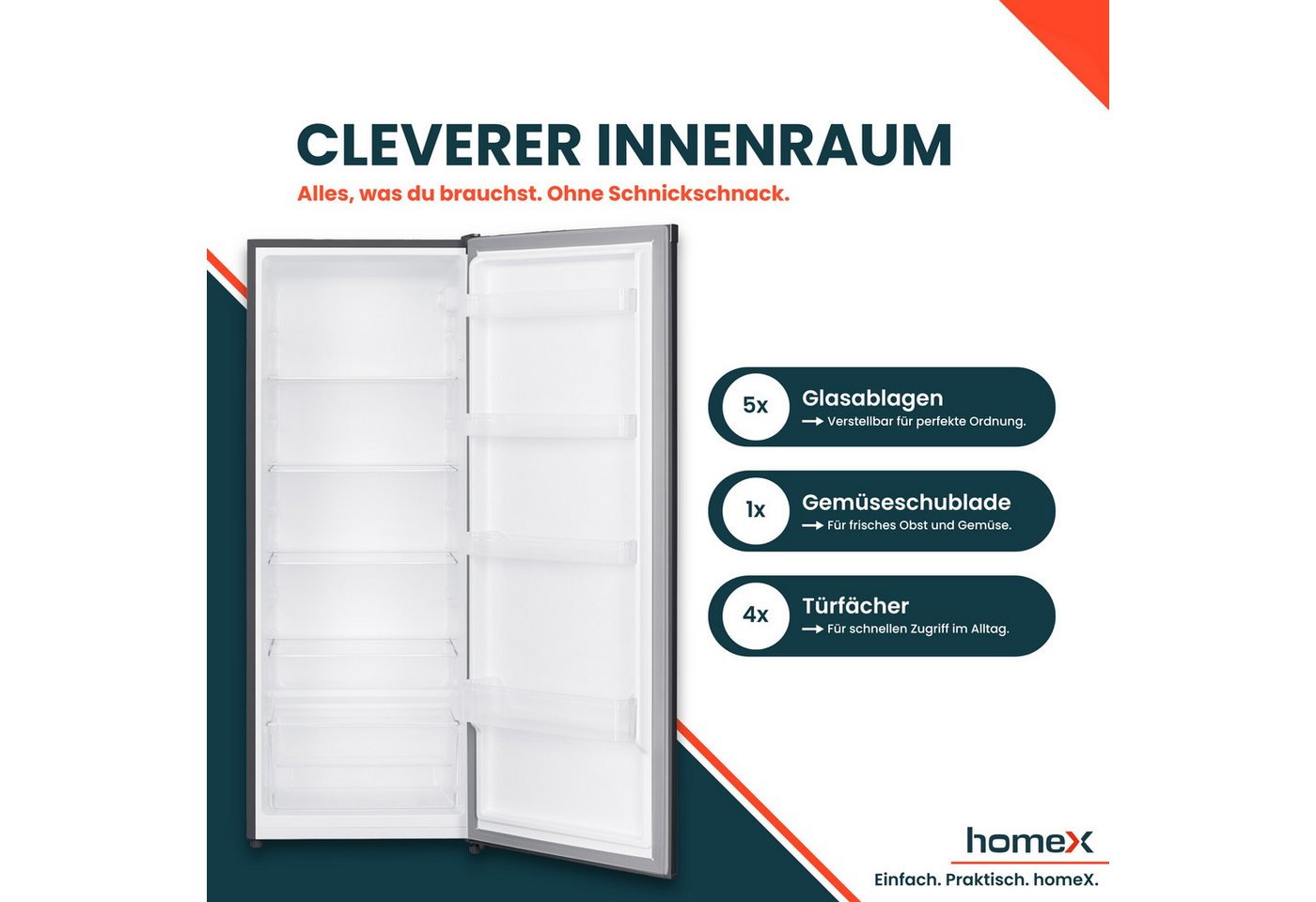 homeX Kühlschrank CS2422E-S, 143 cm hoch, 54.5 cm breit, 242 L, Vollraumkühlschrank ohne Gefrierfach groß, freistehend, 37 dB Bild 2